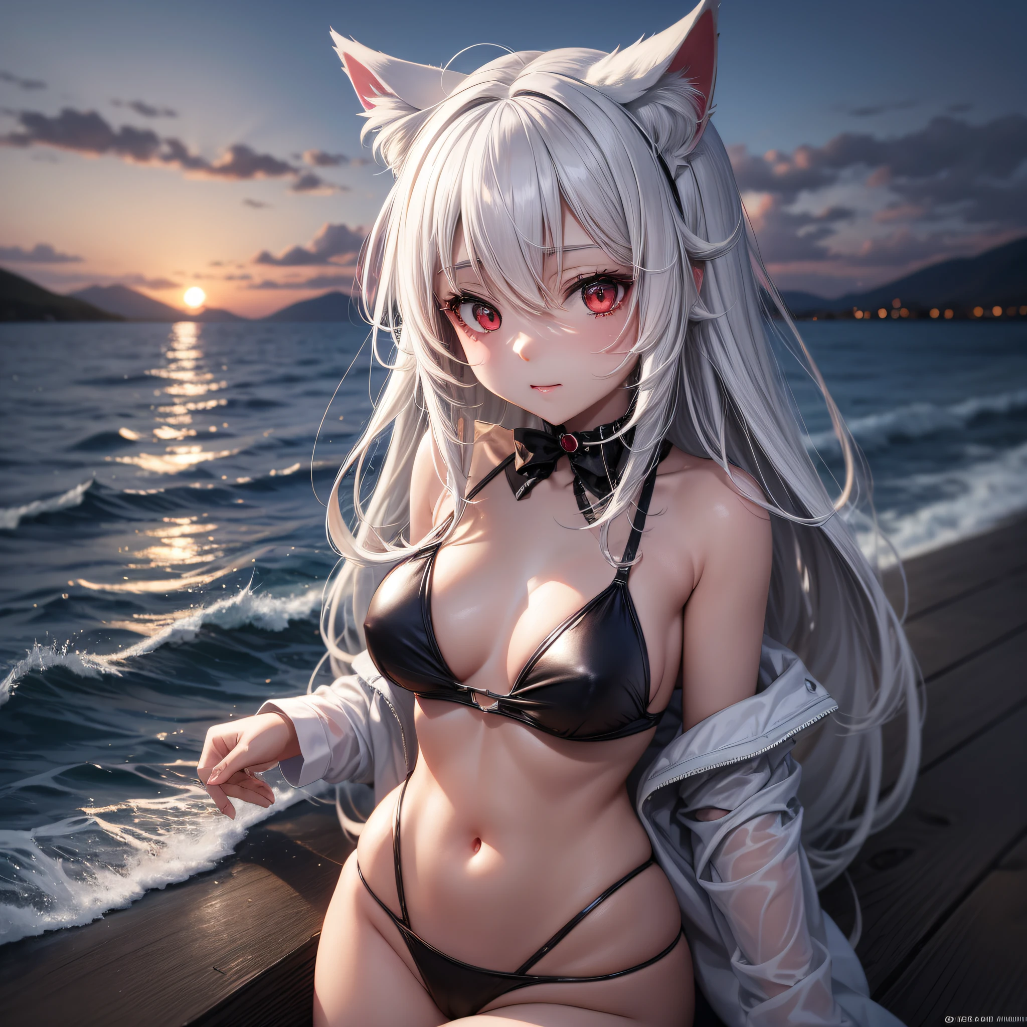 White-haired seduces sunset, seaside red eyes, two cat ears, wearing a swimsuit without missing chest --auto --s2