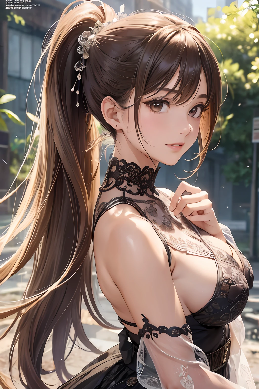 visual impact, Ultra-realistic 8k CG, masterpiece, raw textures,((ultra-detailed background, delicate pattern, intricate details)), best quality, very detailed face, extremely detailed eyes and face,mini skirt,beautiful thighs,(brown eyes:1.2),evil_smile,shiny skin,from below,(masterpiece, best quality, best quality, official art, beautiful and aesthetic:1.2), extreme detail,best detail,(ponytail),background dilapidated buildings,moonlight,sence of dark,