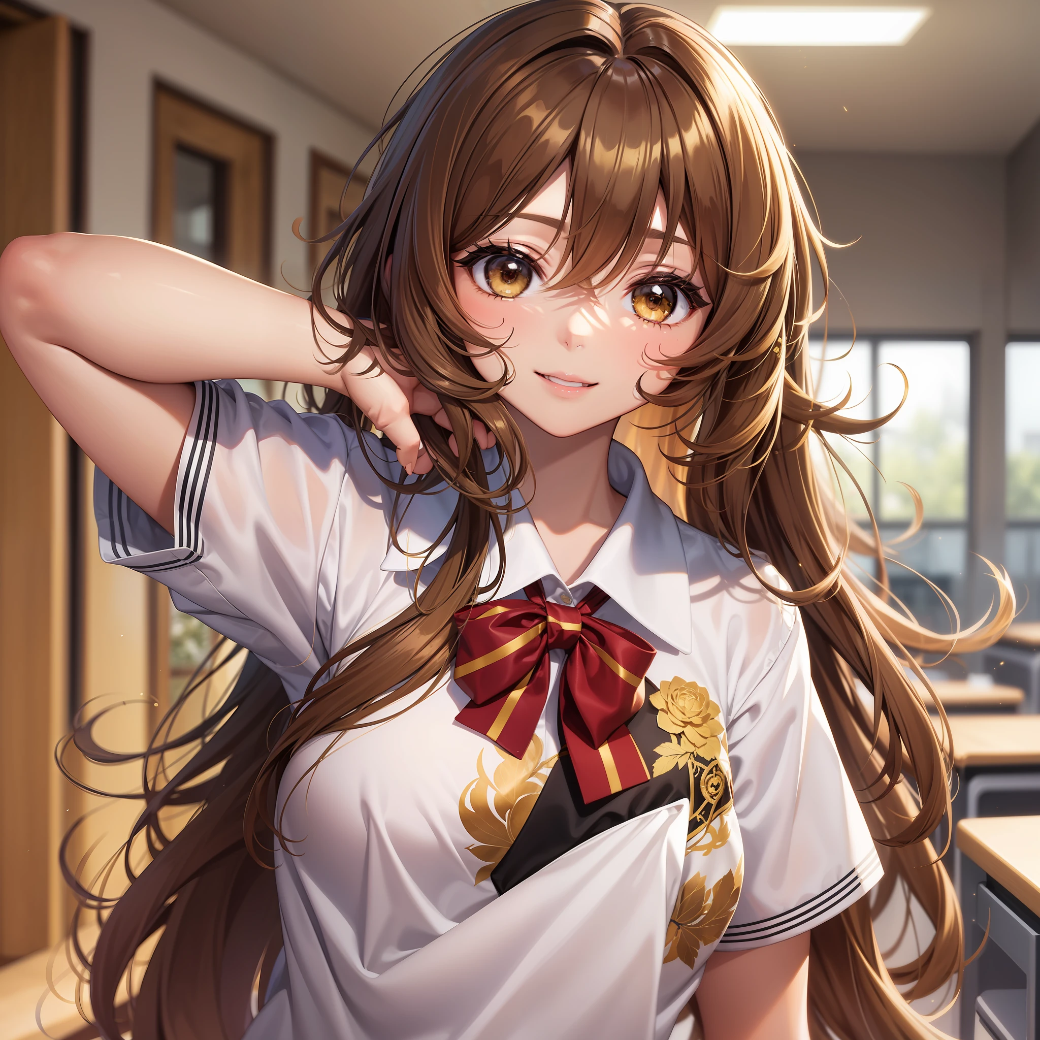 golden yami girl brown hair long hair smile best quality school uniform masterpiece cute