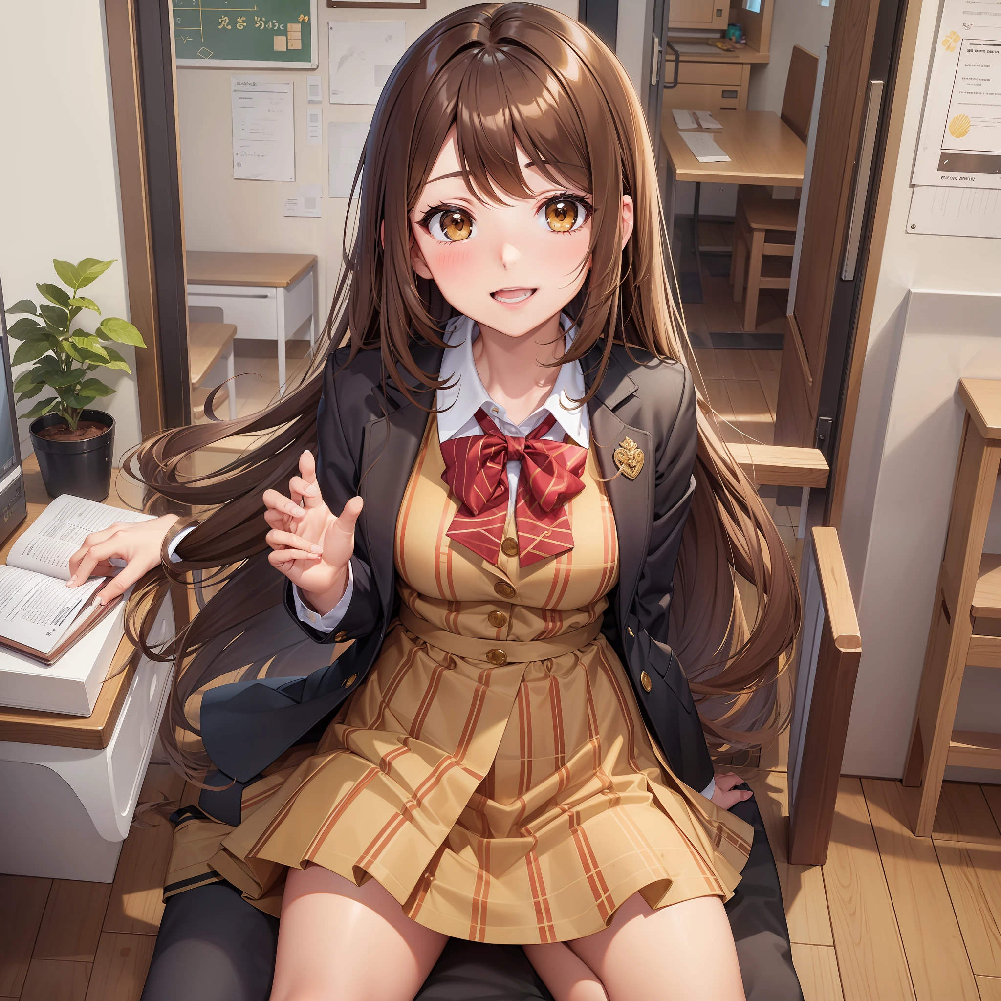 golden yami girl brown hair long hair smile best quality school uniform masterpiece cute