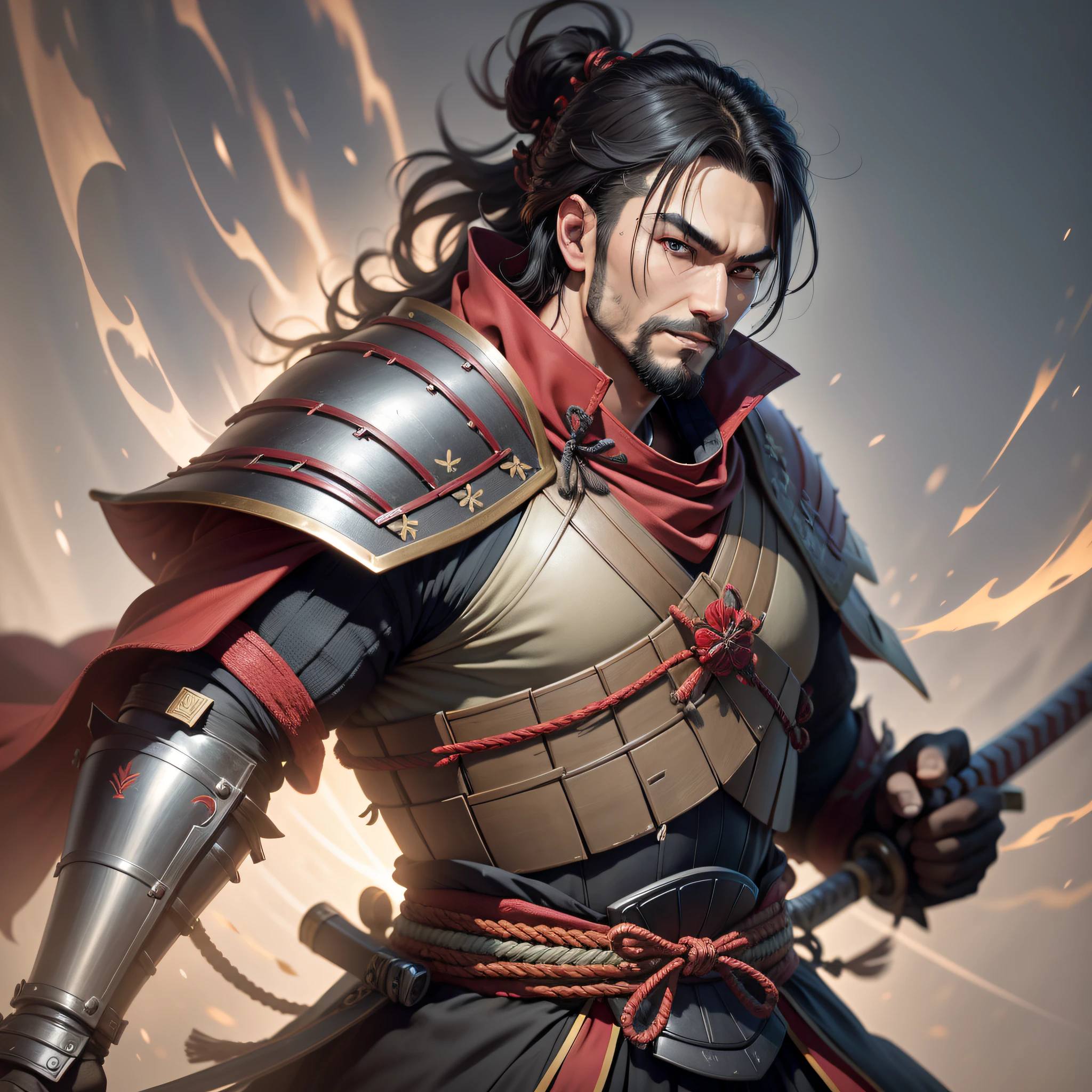blad, samurai man, big, and holds a katana, he lacks one arm, wears samurai armor, with a red and gold, cloak over the armor, black hair, light smile, high detail, motion blur, chromatic aberration, glowing light, god rays, ray tracing, reflection light, backlighting, bloom, close-up, Eye-Level Shot, Sony FE, Sony FE GM, UHD, 16k, high quality, super detail, high details
