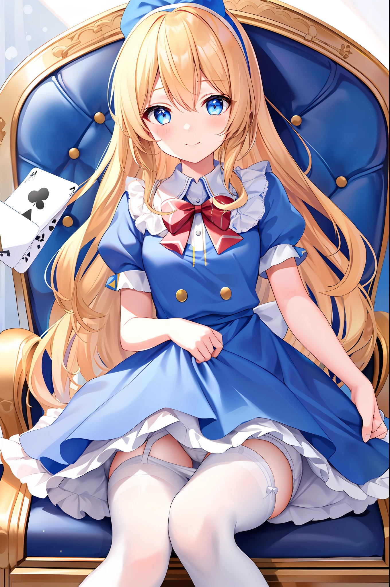 1girl, solo, long hair, blue eyes, blonde hair, crown, sitting, pantyhose, dress, bow, card, apron, hairband, playing card, looking at viewer, short sleeves, hair bow, blue hairband, smile, blush, hand on own face, blue dress, alice (alice in wonderland), hair between eyes, chair, black pantyhose, blue bow, throne, puffy sleeves, hand on own cheek, bangs, puffy short sleeves, ribbon, very long hair, mini crown, feet out of frame, frills, white apron, :q, masterpiece, best quality, (((lift skirt, white panty, camel toe))),