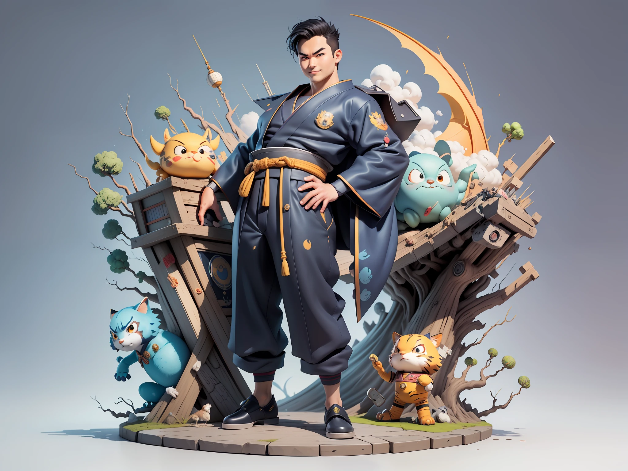 (Masterpiece), (Excellent), (Super Meticulous), (Full Body: 1.2), Super Young Man, Oriental Face, Japanese Kimono, Japanese Wind Thunder God, Dragon, Tiger, TV Anchor, Bust Portrait Illustration, Alone, Black Suit, Blue Tie, Slightly Chubby Face, Very Clean Face, No Beard, Black Super Short Hair, Black Eyes, Confident Smile, 3c Computer Sub-Products, iPad, iPhone, Digital Painting, 3D Character Design by Akira Toriyama and Mark Claireden and Pixar and Hayao Miyazaki, The illustration is a high-definition illustration in 4K resolution with very detailed facial features and cartoon-style visuals.