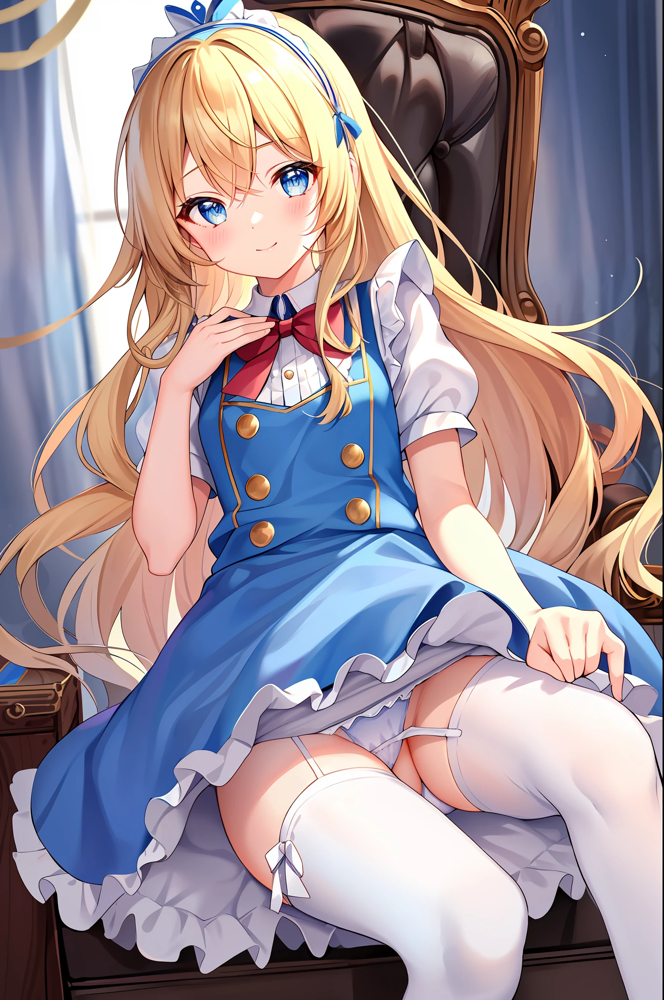 1girl, solo, long hair, blue eyes, blonde hair, crown, sitting, pantyhose, dress, bow, card, apron, hairband, playing card, looking at viewer, short sleeves, hair bow, blue hairband, smile, blush, hand on own face, blue dress, alice (alice in wonderland), hair between eyes, chair, black pantyhose, blue bow, throne, puffy sleeves, hand on own cheek, bangs, puffy short sleeves, ribbon, very long hair, mini crown, feet out of frame, frills, white apron, :q, masterpiece, best quality, (((lift skirt, white panty, camel toe))),