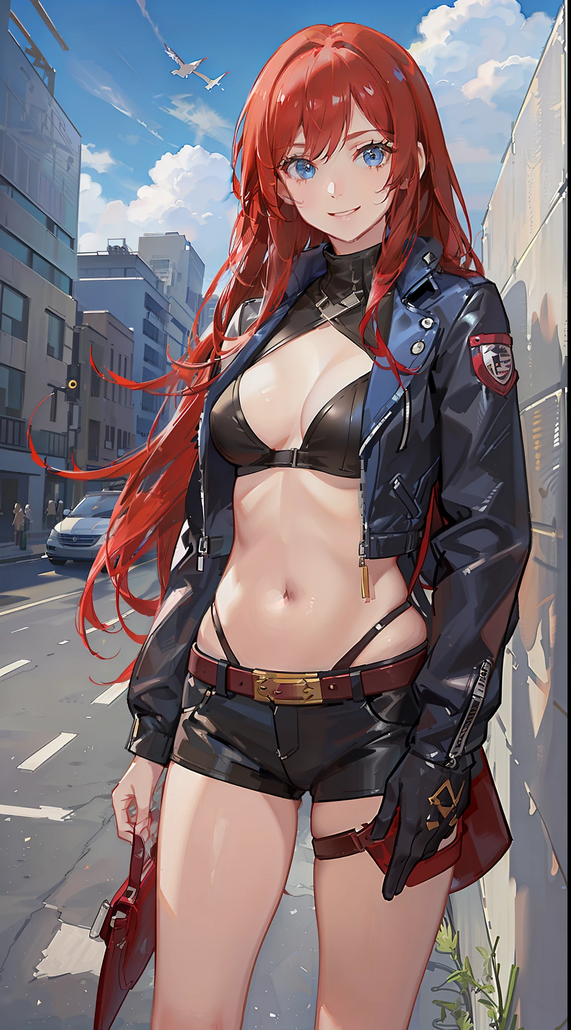 Adult girl, long red hair, blue eyes, blue leather jacket, smile, masterpiece, high quality, open belly