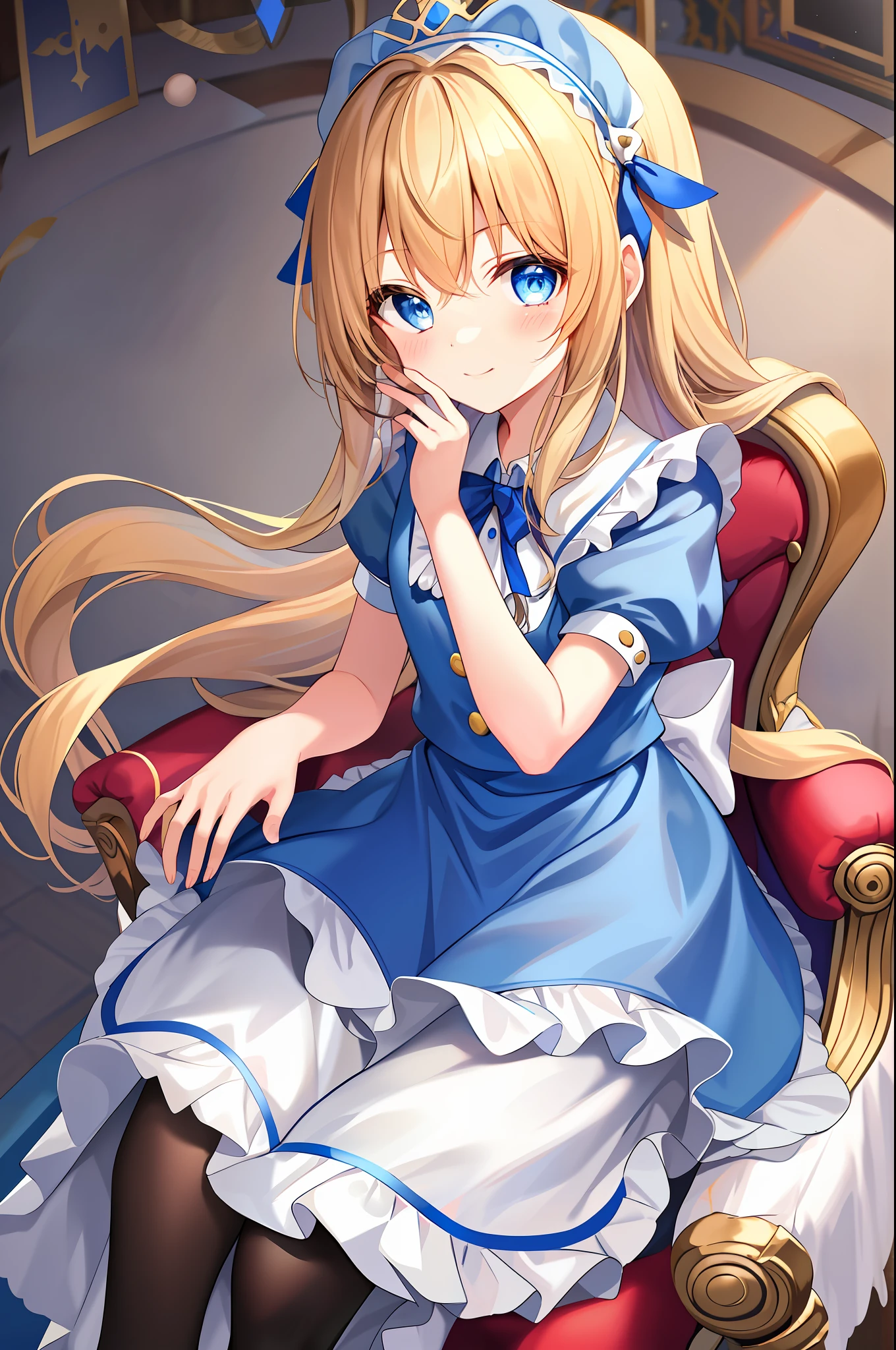 1girl, solo, long hair, blue eyes, blonde hair, crown, sitting, pantyhose, dress, bow, card, apron, hairband, playing card, looking at viewer, short sleeves, hair bow, blue hairband, smile, blush, hand on own face, blue dress, alice (alice in wonderland), hair between eyes, chair, black pantyhose, blue bow, throne, puffy sleeves, hand on own cheek, bangs, puffy short sleeves, ribbon, very long hair, mini crown, feet out of frame, frills, white apron, :q, masterpiece, best quality,