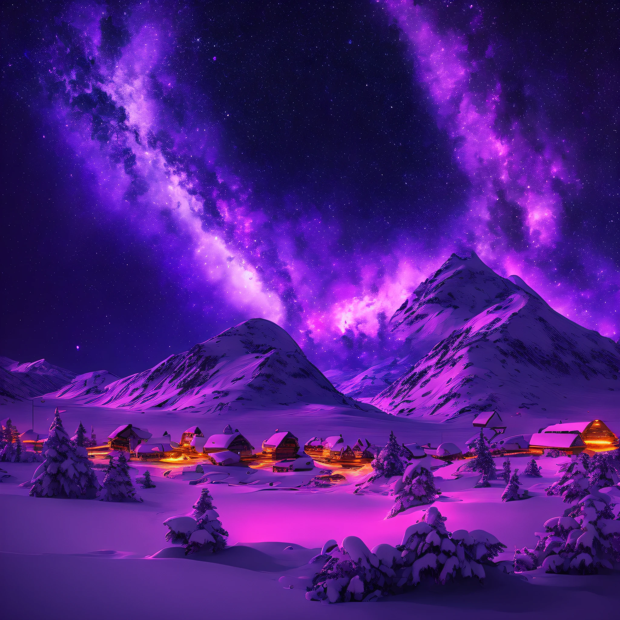 Purple aurora above the white snow mountains, cars, trains, people, houses, villages, sheds, snow mountains, rivers, snowstorms, fireworks in the world, starry sky, colorful stars flashing, Unreal engine, 4K HD 8K --ar 9:16 --q 5