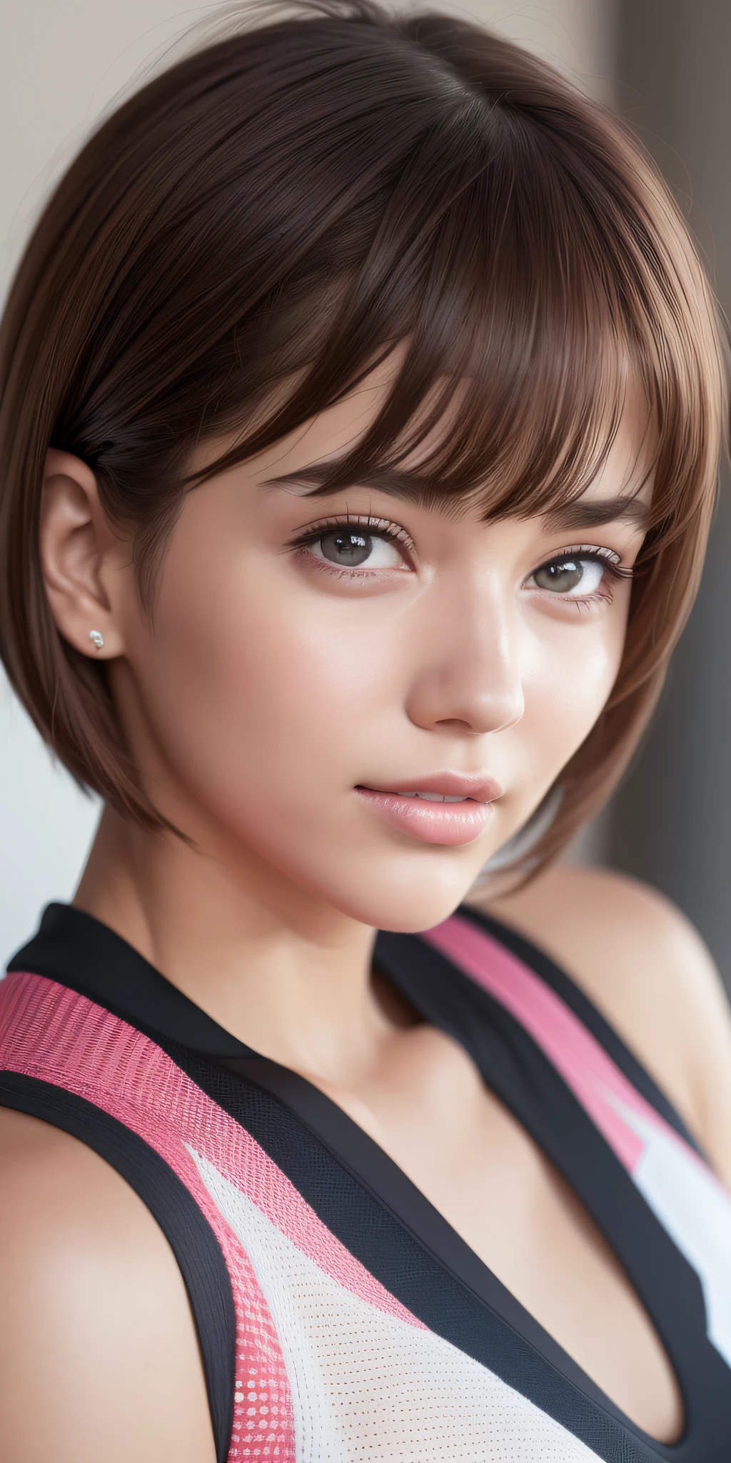 zydG, 1girl, delicate skin, looking at the audience, brown eyes, (bangs short hair:1.2), (room:1.0), (halo:0.8), parted lips, teeth, smile, (facial focus: 1.4), close-up,
(Realistic:1.4), (Best Quality:1.0), (Ultra High Resolution:1.0), 8K, RAW Photo, (Masterpiece:0.2), (Sportswear:1.5), Portrait, Big Breasts,
（pureerosface_v1：0.5）