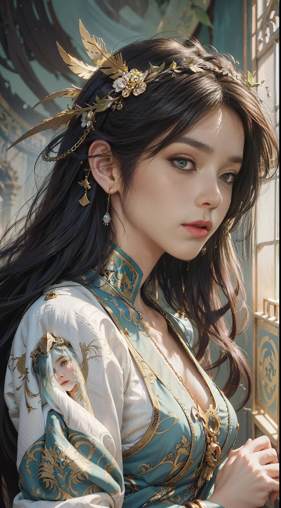 High quality, masterpiece, masterpiece, exquisite facial features, exquisite hair, exquisite eyes, exquisite color hair, 4K picture quality, gorgeous light and shadow, Tyndall effect, halo, messy hair, young state, gorgeous scene, exquisite clothes, chains, feathers, ancient chinese beauty with big eyes very detailed, digital painting, artstation, concept art, sharp focus, illustration, art by greg rutkowski and alphonse mucha and victo ngai