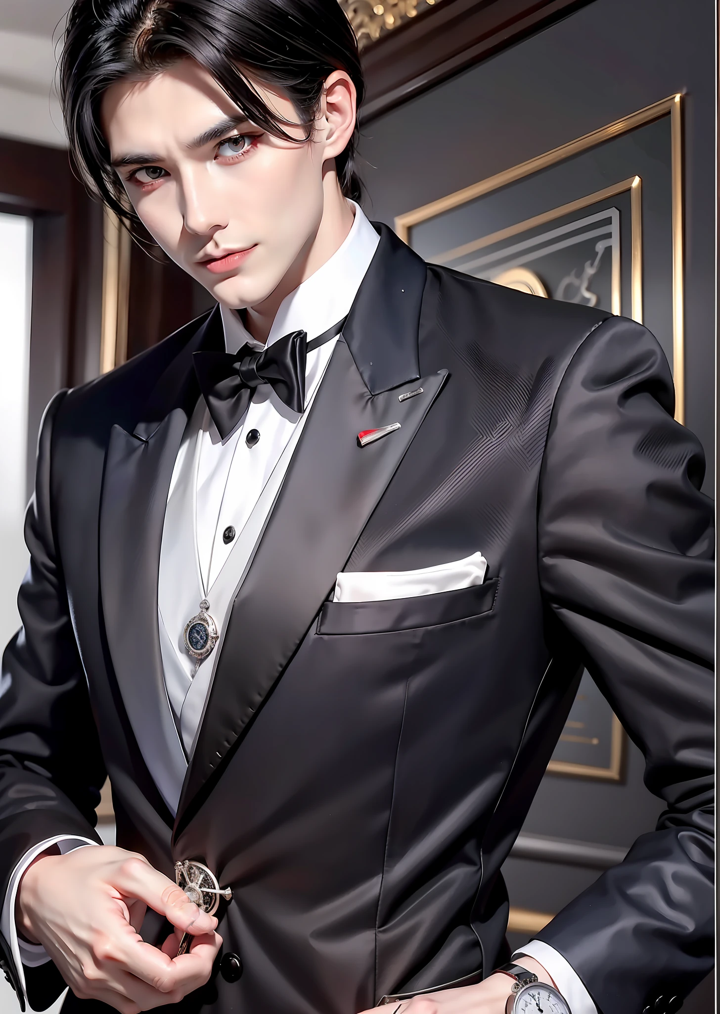 One man, in his 20s. Tall, lean, with jet-black hair ((red crimson eyes)) and pale porcelain skin ((perfectly wearing a black and white tuxedo with a silver pocket watch)) that never looks out of place). Perfectly tailored black and white tuxedo combined with silver pocket watch, masterpiece, base, illustration, realistic, portrait, upper body, ((upper body close-up)), (dark mansion background)), ((elderly man))