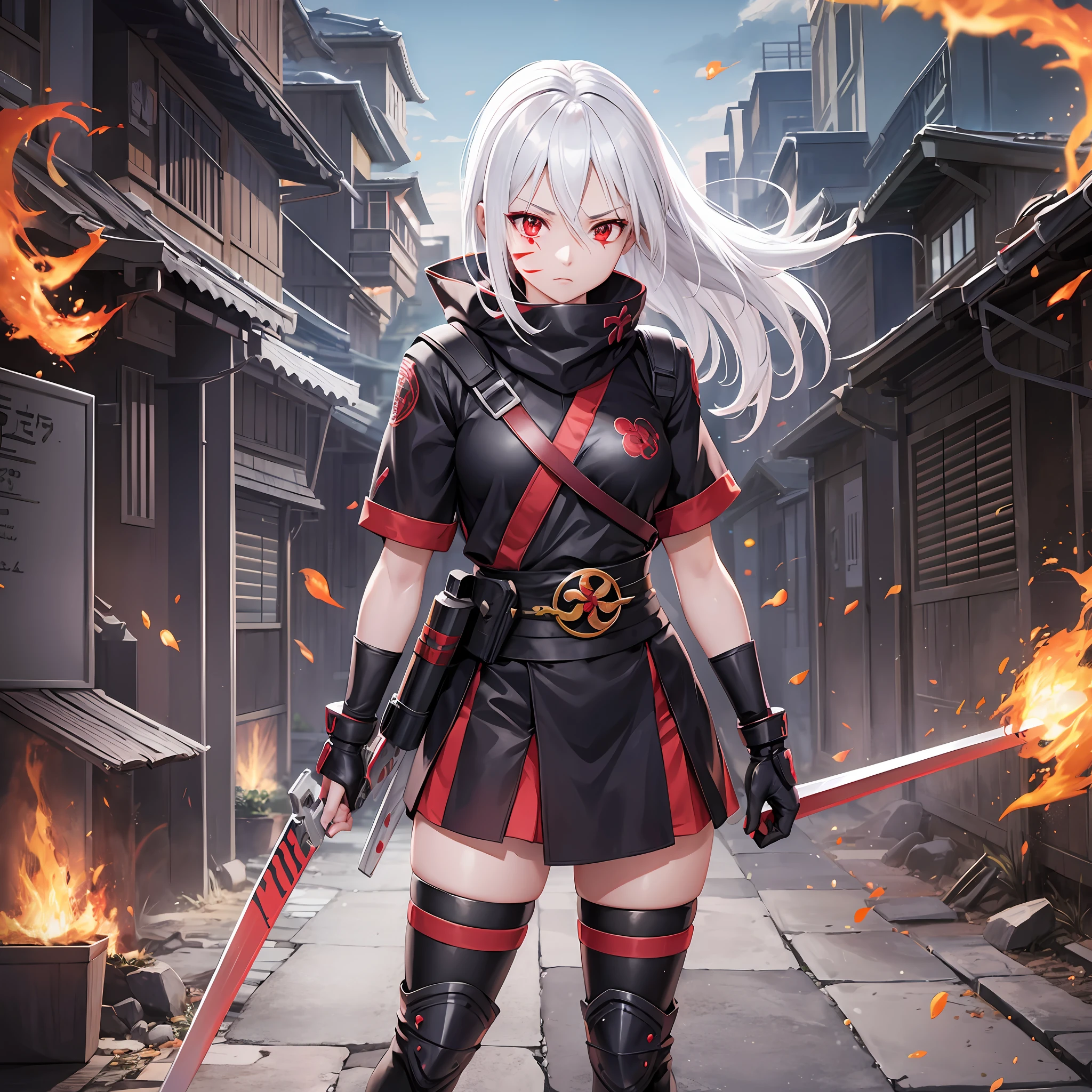 (anime mode), kunoichi, face wounds, white hair, bright red eyes, battle position, firepower