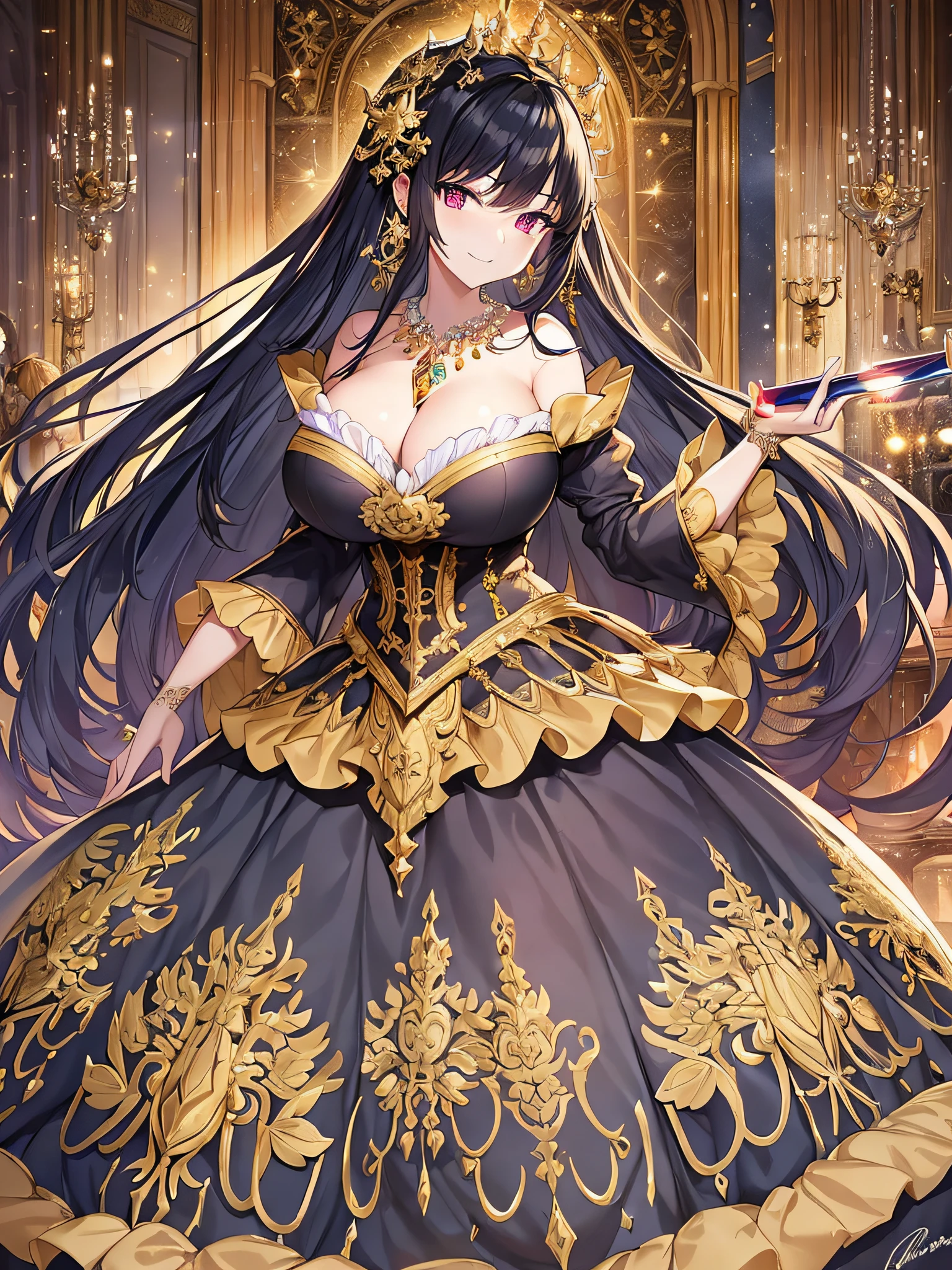 ((anime moe artstyle)),((Masterpiece)), (Best Quality), (Super Detail), Illustration, (((Very Delicate and Beautiful))),Dynamic Angle,Looking at viewer,((((Solo)))),(((Full body))),(((1 arrogant cute empress in black ball gown))),((holding a gorgeous long scepter)),(standing),dominant pose,(arrogant),(((haughty smile))),Purple eyes,(Sharp eyes),Detailed Face, Long Eyelashes,Jet Black Hair,Straight Hair,((Very Long Hair)),Bangs between eyes,((((gigantic breasts)))),cleavage,((skindentation)),curvy,off shoulder,See-through,(gorgeous embroidered black and gold rococo ball gown),(fluffy rococo ball gown with gorgeous embroidery),(((hoop skirt))),long skirt,corset,crinoline,opera gloves,Beautifully Gorgeous jeweled big tiara,Beautifully Gorgeous gem earrings,Beautifully Gorgeous jeweled necklace,Beautifully Gorgeous jeweled ornaments,indoor,light particles,royal palace,