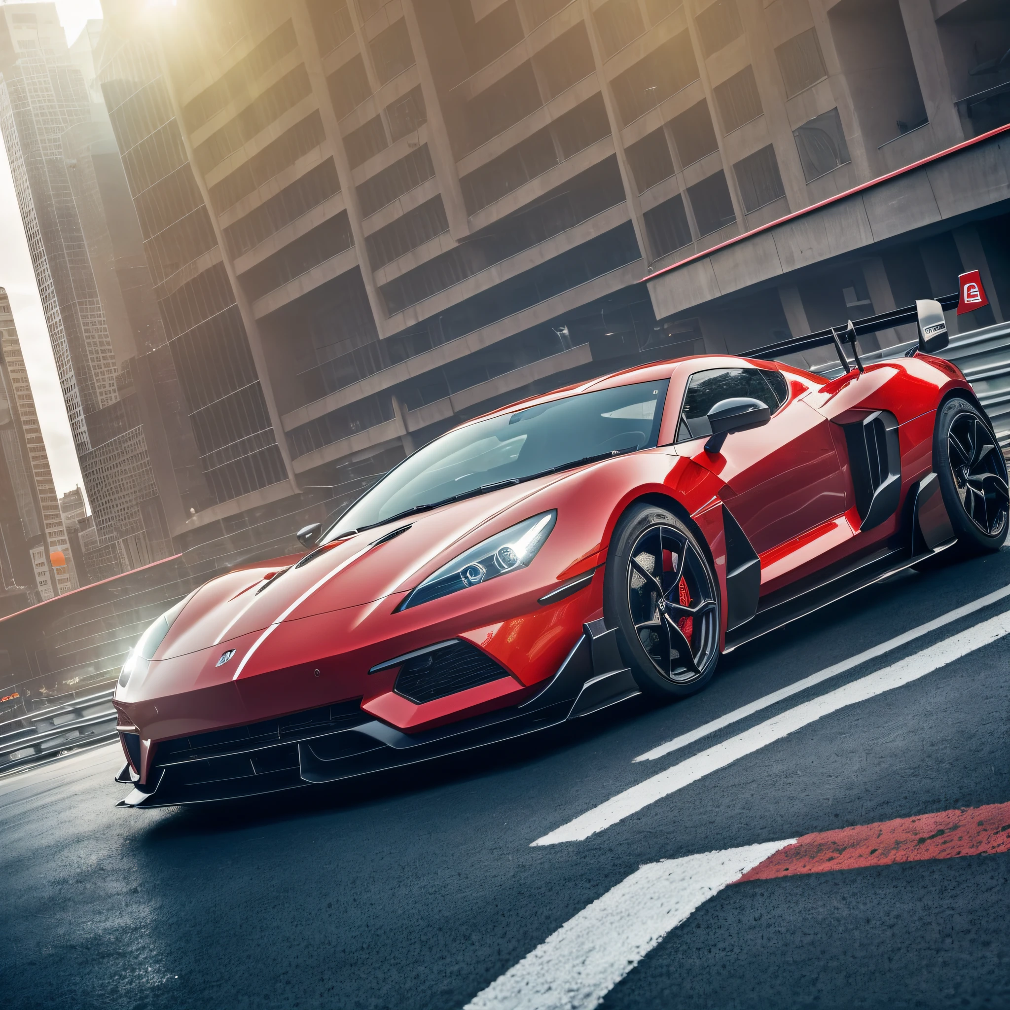 A sports car at high speed in a city making drif (8K, masterpiece, best quality)