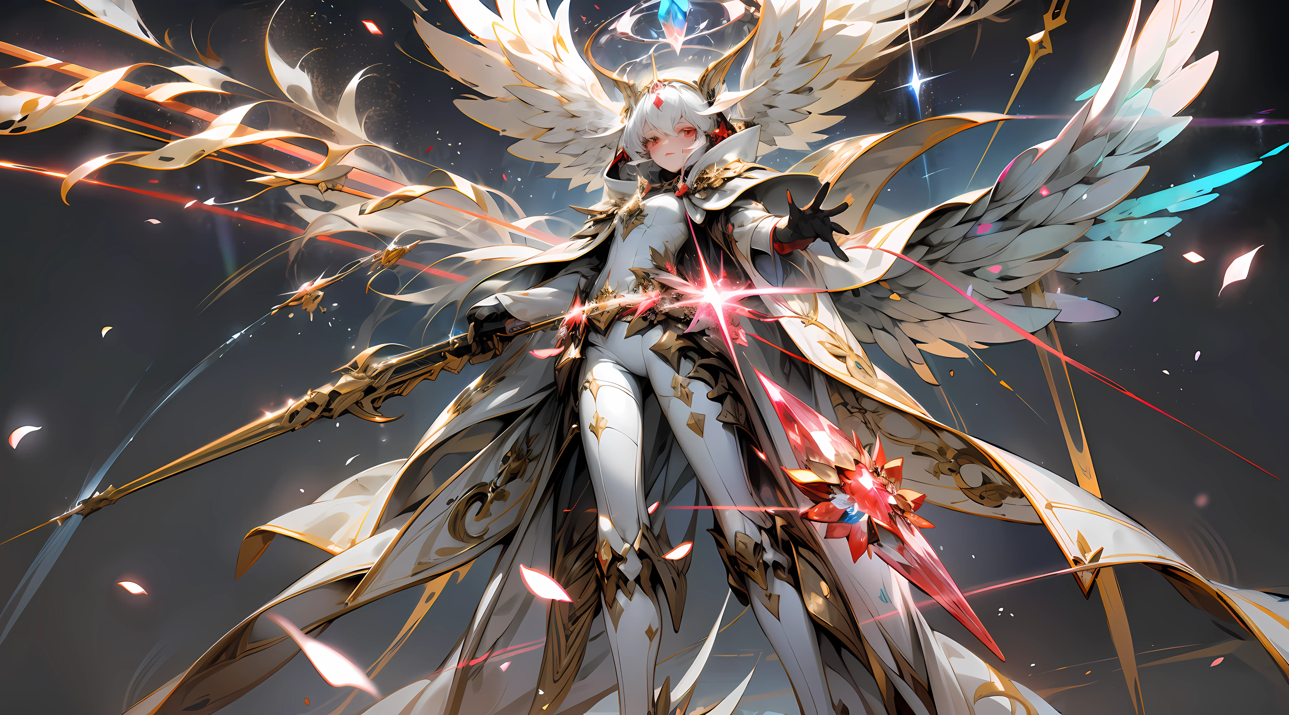 //,
[(Black background: 1.4)::0.4], IMID lens, (Full body: 1.25), Dynamic angle, artistic composition, flight,
//,
(Masterpiece: 1.2), the best quality, high resolution, extremely detailed wallpapers, 8K,
1 Girl, Fine Fingers, (Handheld Weapon: 1.1), Arm Outstretched, Mecha Musum, (White Cloak: 1.1), Red Eyes, Standing, Mechanical Aura, (Glowing Mechanical Wings), Active, Particle Surrounding, Red Bigan Flower, Red Crystal Flower, (Colored Crystal: 1.2), (Colored Gem: 1.2), Crystal Ore, Radiation Scattering, Lightning Illuminated Destruction,