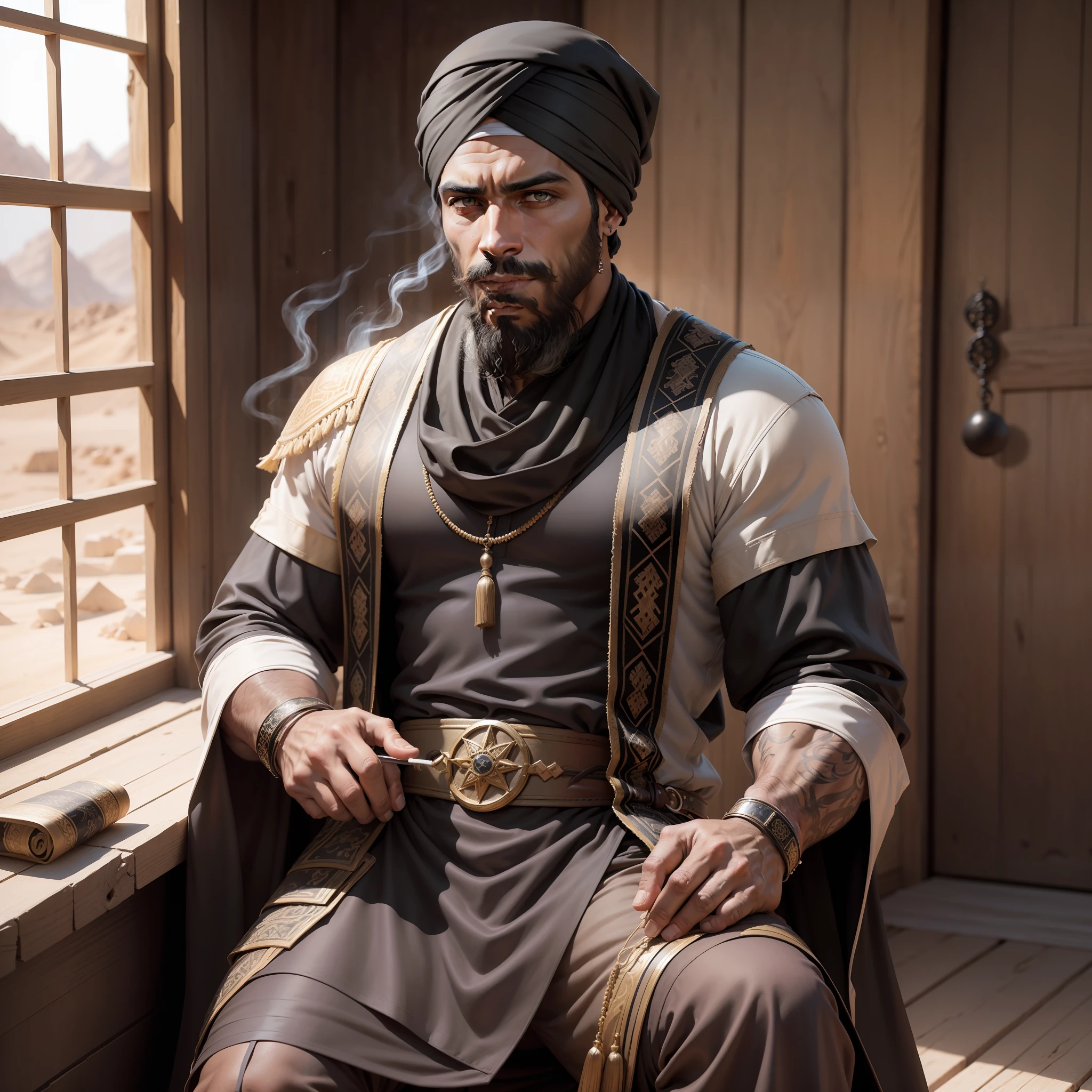 Realistic image of a mulatto man with Arab features, 40-something, bearded, strong, dressed in black cleric's clothes and with shoulder pads, wearing a black turban, holding a pack of cigarettes in a rustic room of a desert house