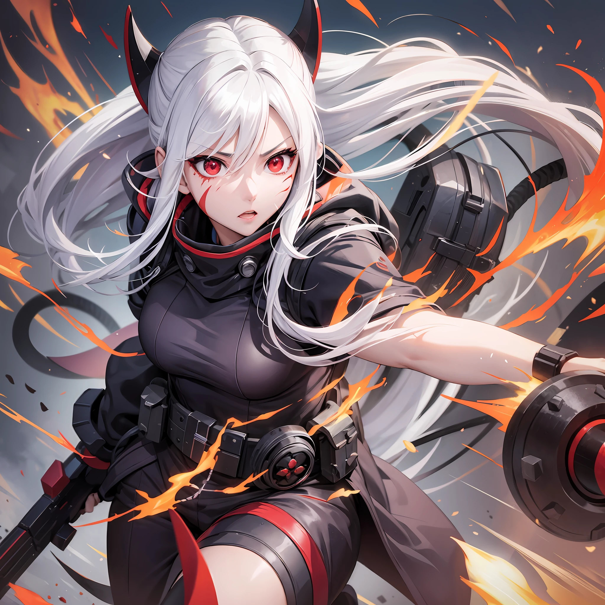 (anime mode), kunoichi, face wounds, white hair, bright red eyes, battle position, firepower