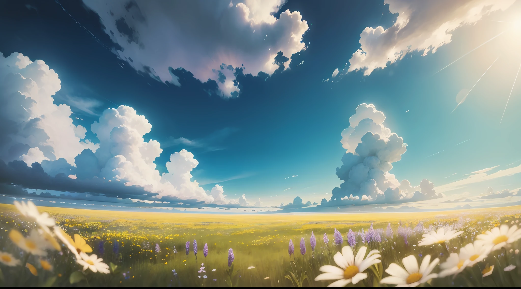 Summer, Meadow, A Few Little Flowers, Heaven, Big Clouds, Blue Sky, Savannah, HD Detail, Hyperdetail, Cinematic, Surrealism, Soft Light, Deep Field Focus Bokeh, Ray Tracing, and Surrealism. --auto --v6 --s2