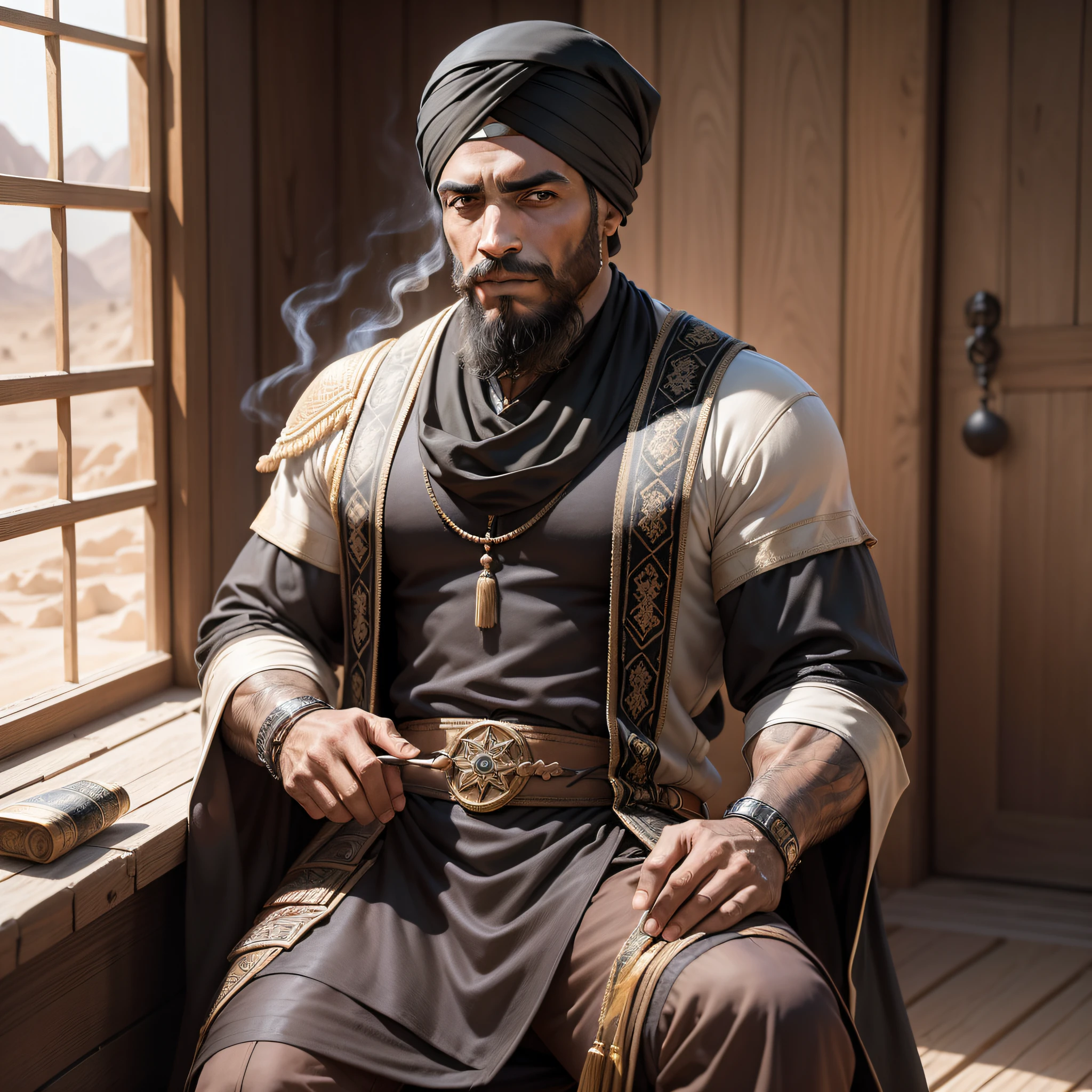 Realistic image of a mulatto man with Arab features, 40-something, bearded, strong, dressed in black cleric's clothes and with shoulder pads, wearing a black turban, holding a pack of cigarettes in a rustic room of a desert house