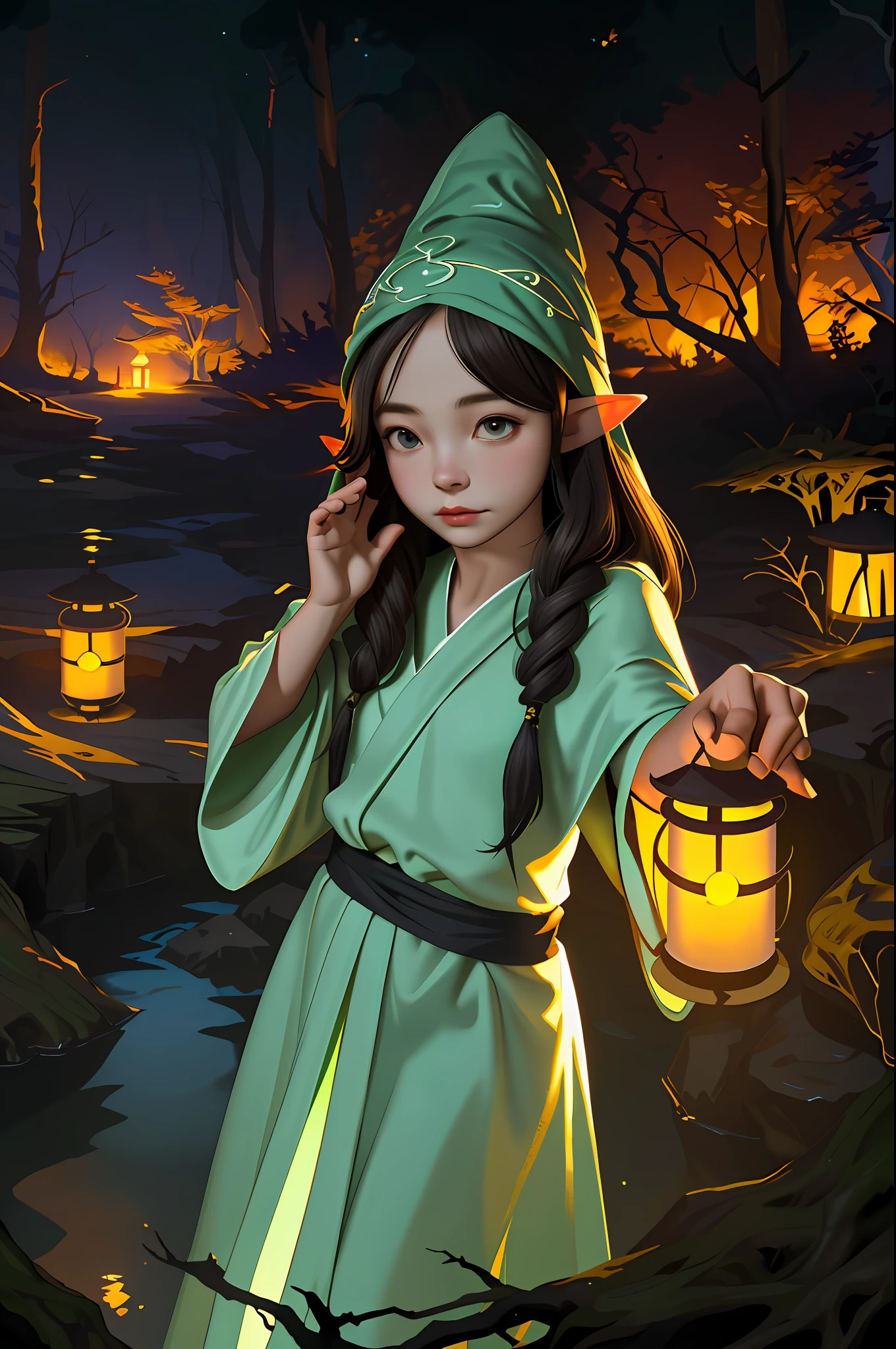 (best quality, masterpiece), 1girl, elf, robe, wizard hat, deep forest, ruined temple, lantern, night, mist
