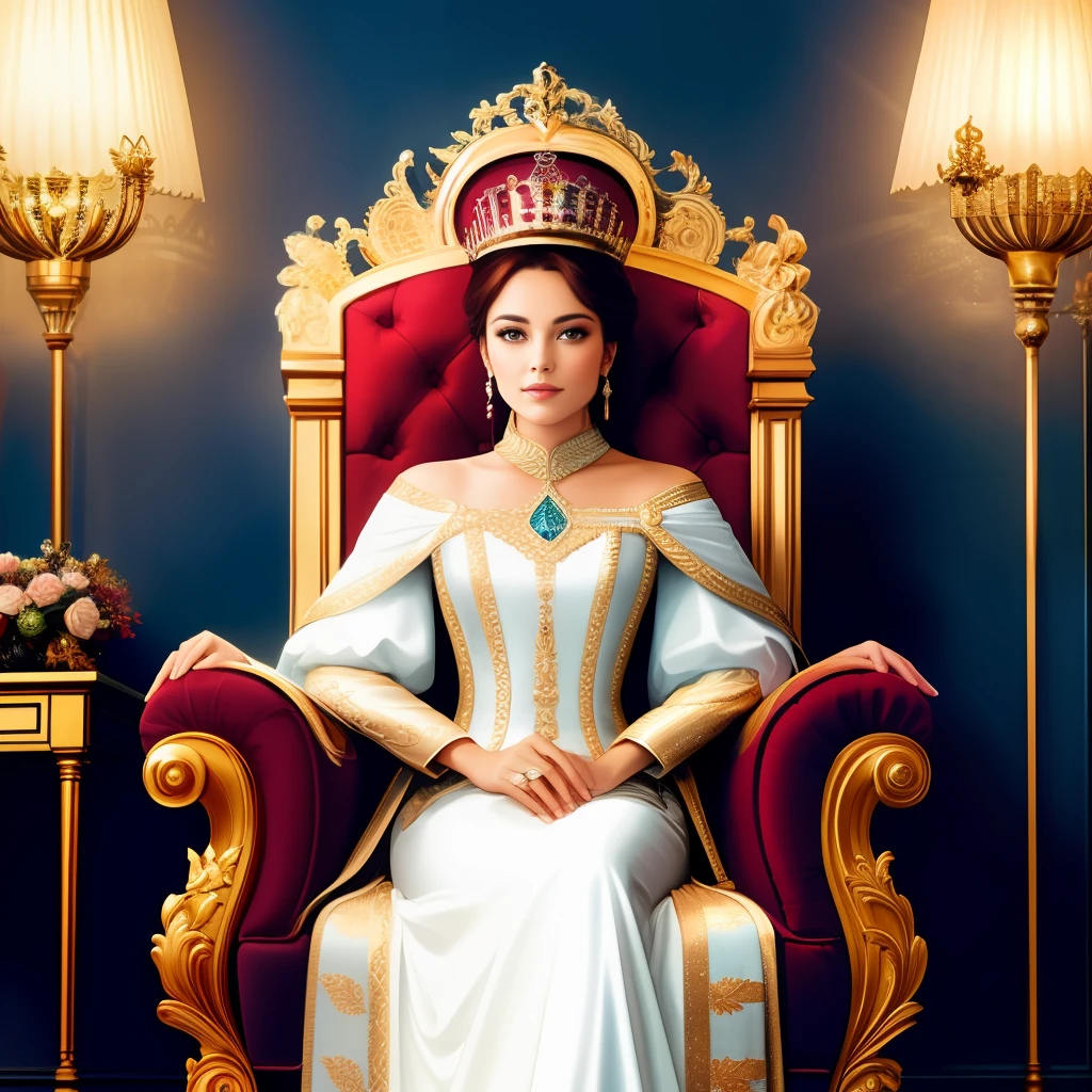 a queen sitting on a luxury chair
