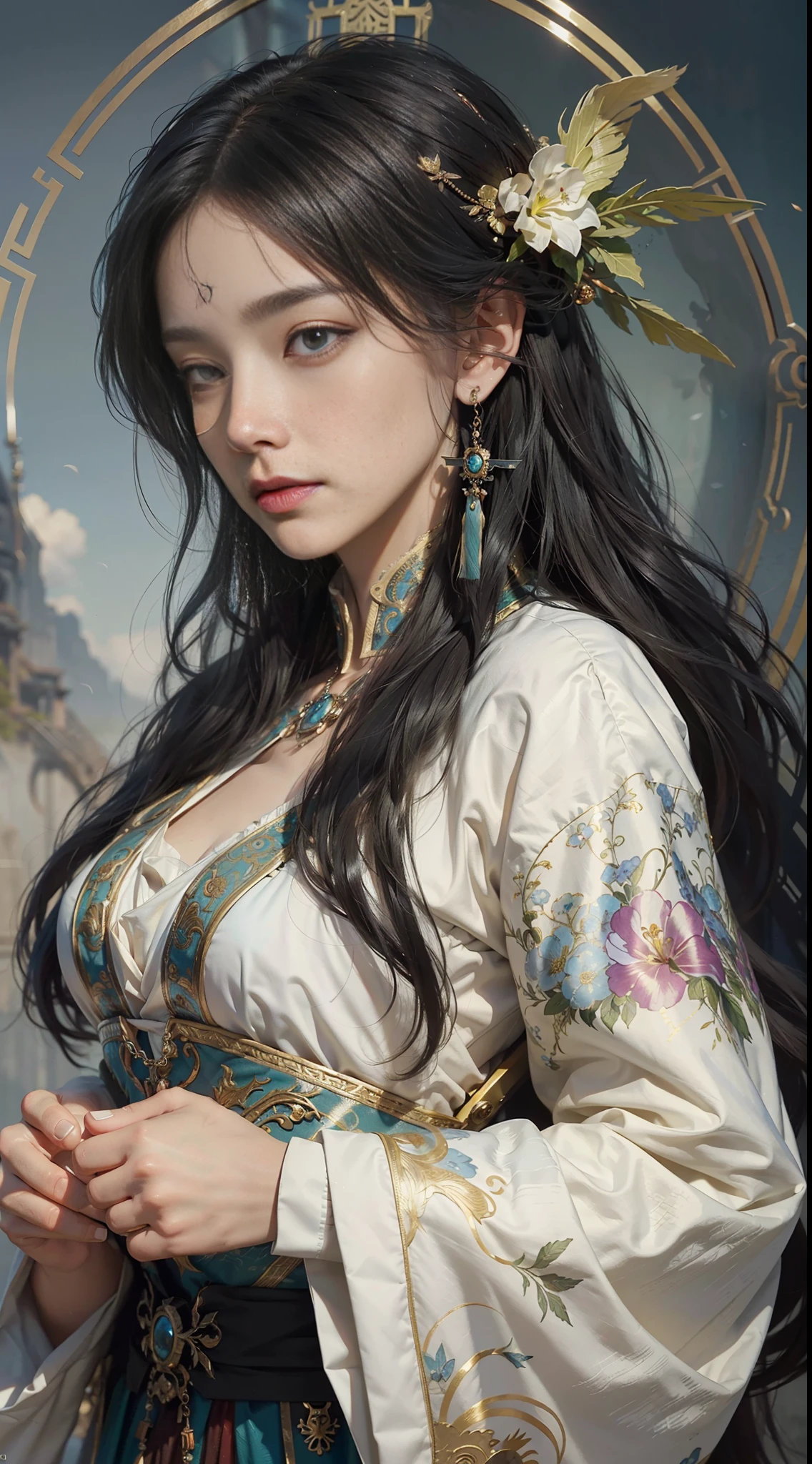 High quality, masterpiece, masterpiece, exquisite facial features, exquisite hair, exquisite eyes, exquisite color hair, 4K picture quality, gorgeous light and shadow, Tyndall effect, halo, messy hair, young state, gorgeous scene, exquisite clothes, chains, feathers, ancient chinese beauty with big eyes very detailed, digital painting, artstation, concept art, sharp focus, illustration, art by greg rutkowski and alphonse mucha and victo ngai