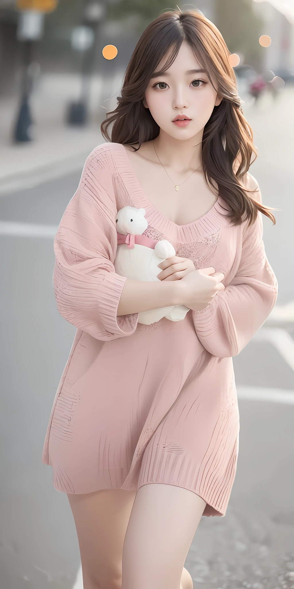 1girl walking on the river, mix4, sweater, pillow, lips, open_mouth, realistic, photo_\(medium\), solo, stuffed_animal, stuffed_toy, teddy_bear, (masterpiece), (realism: 1.3), super detailed, (High detail skin: 1.2), (Best quality: 1.0), (Ultra resolution: 1.0), (ULZZANG-6500: 0.3), wavy detail hair, long hair, sunshine, (beautiful detail makeup), (sexually aroused blush, heavy breath: 1.0), floral theme petals scattered, (soft light bloom: 0.5)