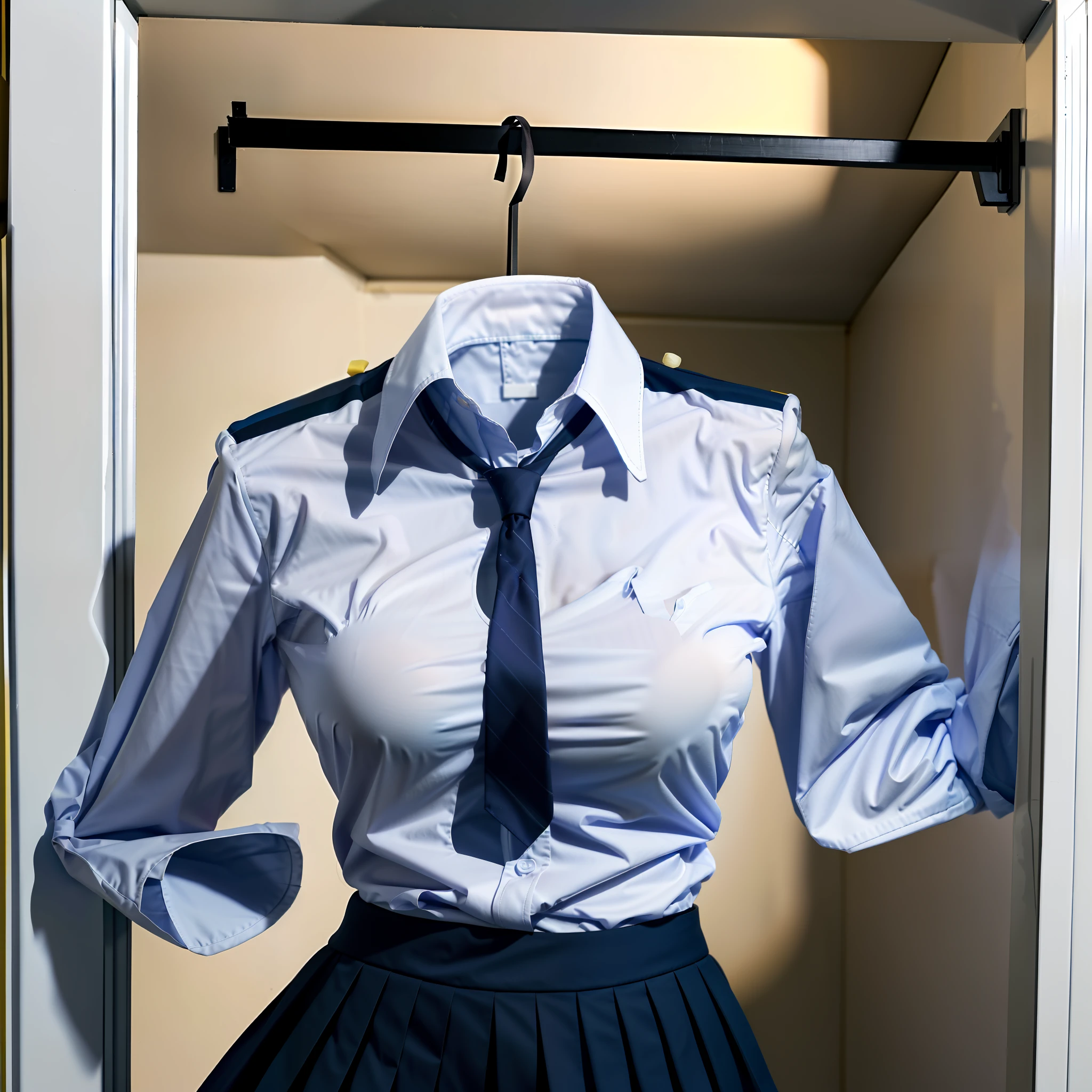 school uniforms in the closet raise their sleeves as if invisible girl wear them, school uniforms swells as if possessed by invisible girls, school uniforms have huge breasts and cleavage, (((no humans))), (headless), faceless, invisible girls, jk ribbon on the neck, (yuri), from back