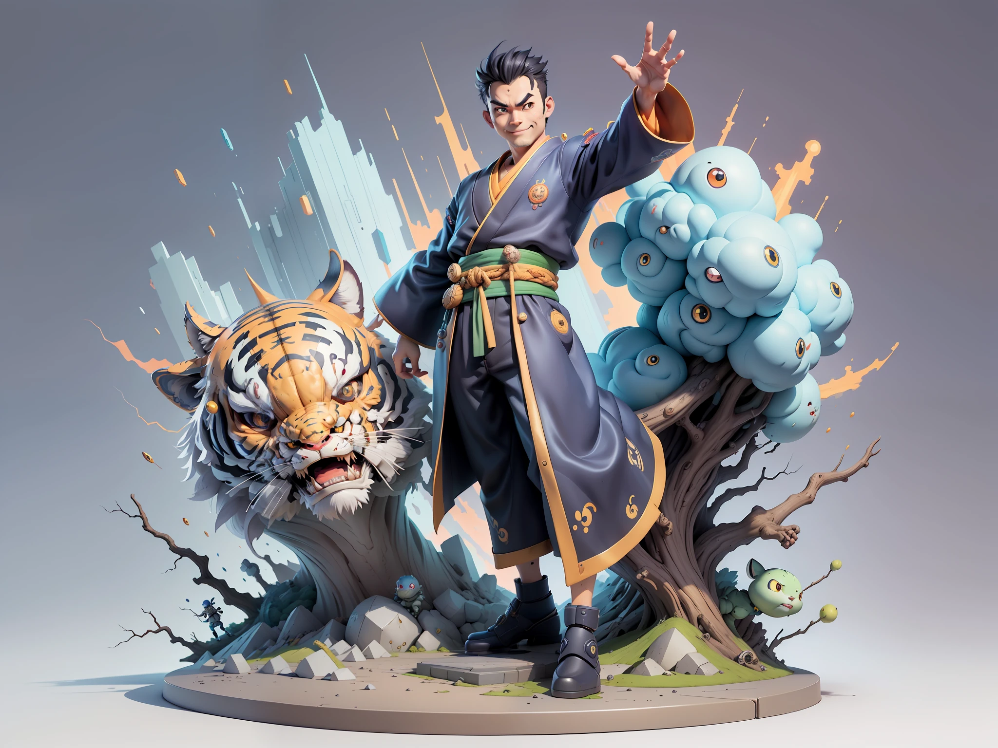 (Masterpiece), (Excellent), (Super Meticulous), (Full Body: 1.2), Super Young Man, Oriental Face, Japanese Kimono, Japanese Wind Thunder God, Dragon, Tiger, TV Anchor, Bust Portrait Illustration, Alone, Black Suit, Blue Tie, Slightly Chubby Face, Very Clean Face, No Beard, Black Super Short Hair, Black Eyes, Confident Smile, 3c Computer Sub-Products, iPad, iPhone, Digital Painting, 3D Character Design by Akira Toriyama and Mark Claireden and Pixar and Hayao Miyazaki, The illustration is a high-definition illustration in 4K resolution with very detailed facial features and cartoon-style visuals.