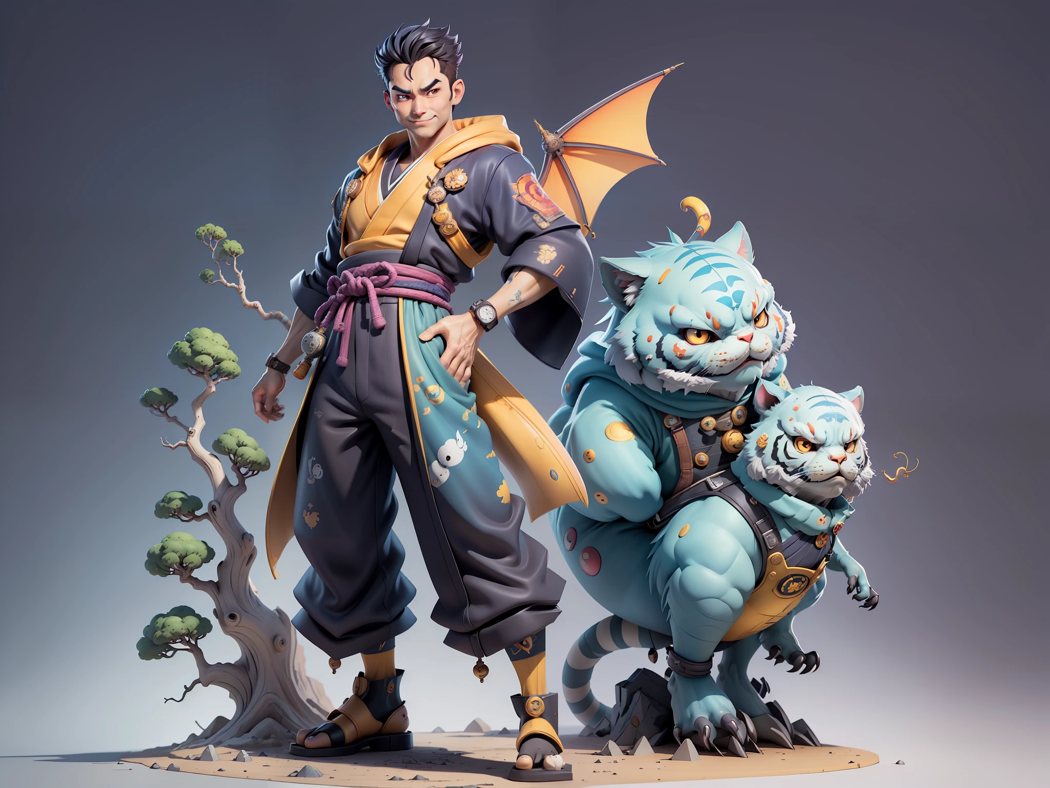 (Masterpiece), (Excellent), (Super Meticulous), (Full Body: 1.2), Super Young Man, Oriental Face, Japanese Kimono, Japanese Wind Thunder God, Dragon, Tiger, TV Anchor, Bust Portrait Illustration, Alone, Black Suit, Blue Tie, Slightly Chubby Face, Very Clean Face, No Beard, Black Super Short Hair, Black Eyes, Confident Smile, 3c Computer Sub-Products, iPad, iPhone, Digital Painting, 3D Character Design by Akira Toriyama and Mark Claireden and Pixar and Hayao Miyazaki, The illustration is a high-definition illustration in 4K resolution with very detailed facial features and cartoon-style visuals.