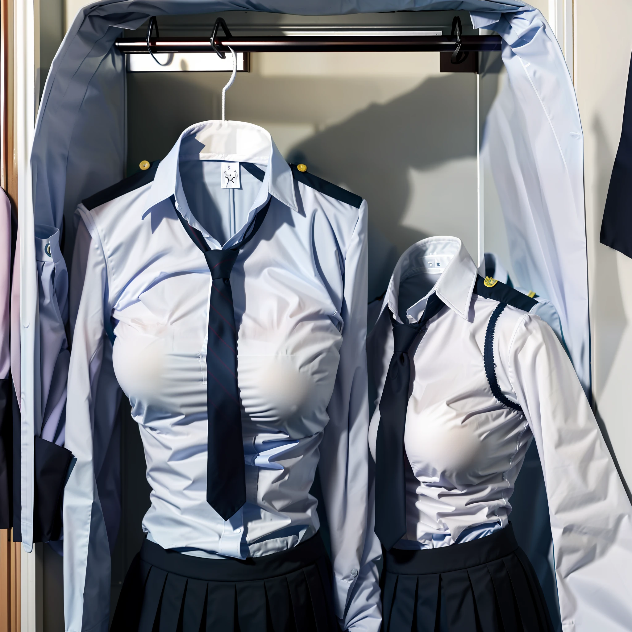 school uniforms in the closet raise their sleeves as if invisible girl wear them, school uniforms swells as if possessed by invisible girls, school uniforms have huge breasts and cleavage, (((no humans))), (headless), faceless, invisible girls, jk ribbon on the neck, (yuri), from back