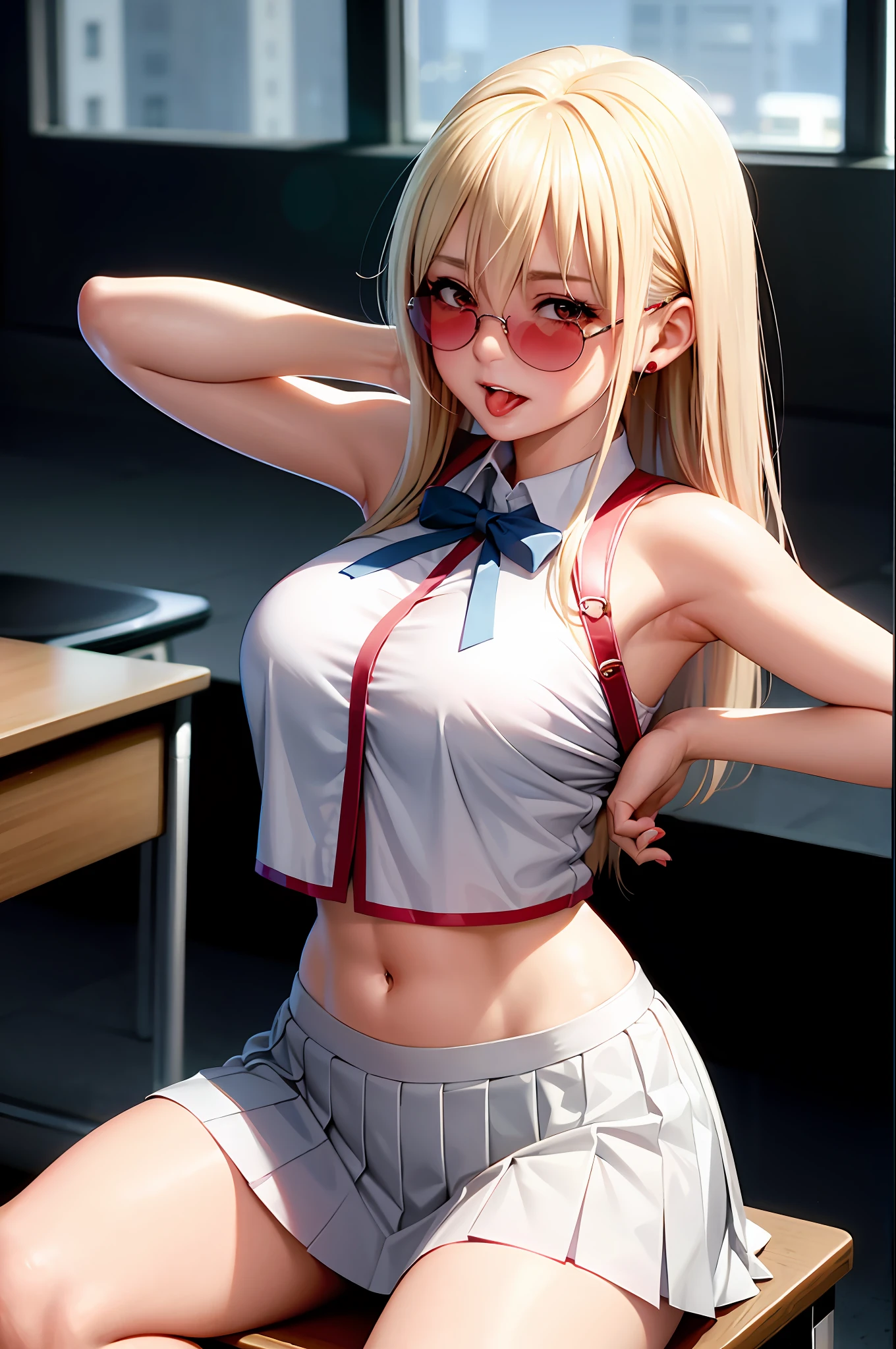Takina inoue, masterpiece, best quality, 1 girls, solo, blonde long hair, alternate costume, sexy shirt, show breast, show stomuch, show armpit, crop top, underboob, pleated skirt, breast out, blush, shy, sexy pose, smile, indoor, classroom, chair, desk, window, sitting, hands on chest, ((white shirt)), red eyes, open mouth, face, piercings, gal girl, gyaru, open clothes, open chest, show breast, tongue out, red sun glasses, ((gyaru)), lip piercing,
