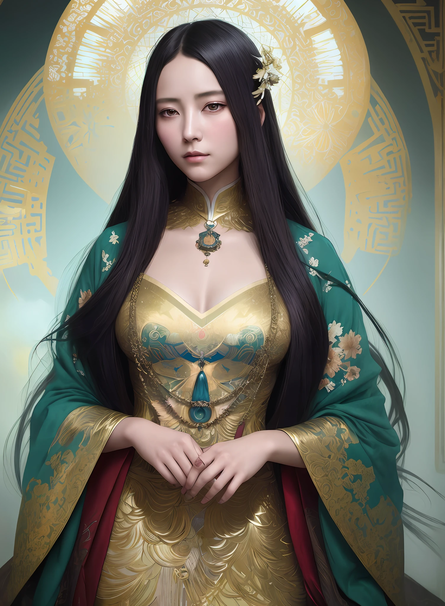 High quality, masterpiece, masterpiece, exquisite facial features, exquisite hair, exquisite eyes, exquisite color hair, 4K picture quality, gorgeous light and shadow, Tyndall effect, halo, messy hair, young state, gorgeous scene, exquisite clothes, chains, feathers, ancient chinese beauty with big eyes very detailed, digital painting, artstation, concept art, sharp focus, illustration, art by greg rutkowski and alphonse mucha and victo ngai