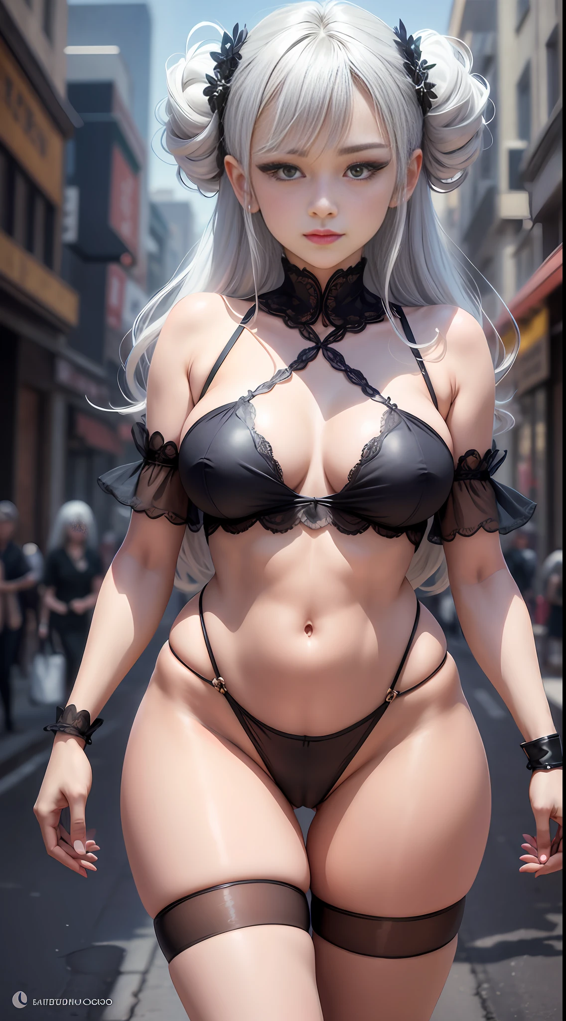 hair bobbles, solid circle eyes, light smile, ear blush, silver hair, mismatched pupils, Sheer slip dress, no panties, Cameltoe, A beautiful girl, Delicate facial details, open legs, Facing people, drop shadow, anaglyph, stereogram, tachi-e, pov, atmospheric perspective, Contemporary art, Verism, chiaroscuro, panorama, super detail, ccurate, best quality, textured skin, high details, UHD