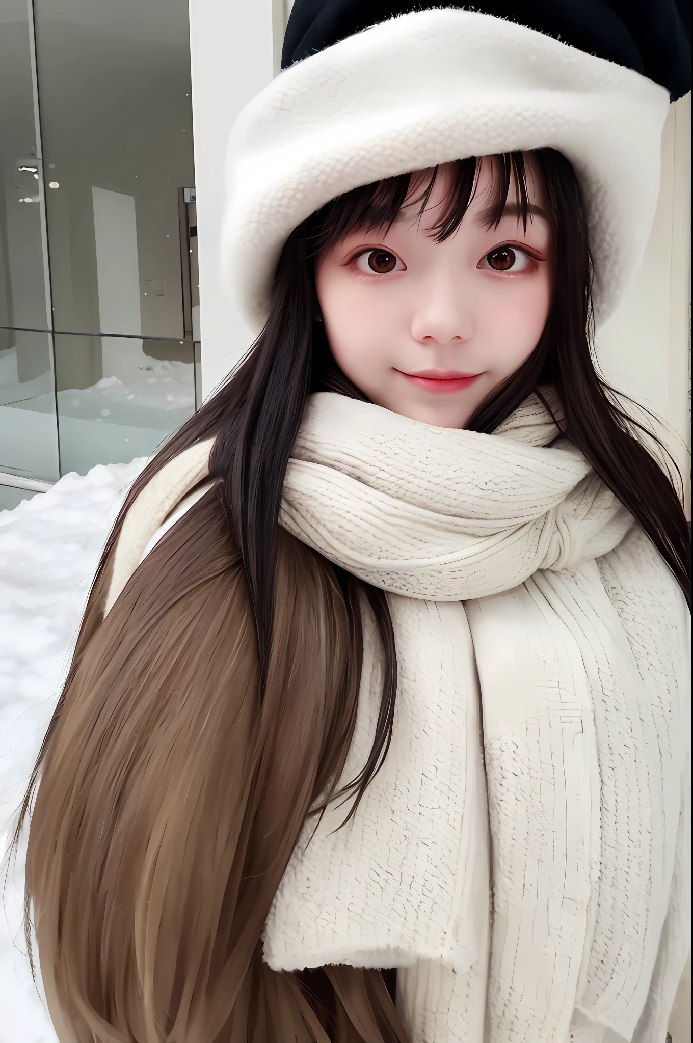 Masterpiece, best quality, 1girl, solo, brunette hair, scarf, hat, realistic, look at the audience, black eyes, long hair, coat, winter clothes, white scarf, lips, bangs, outdoors, shut up, upper body