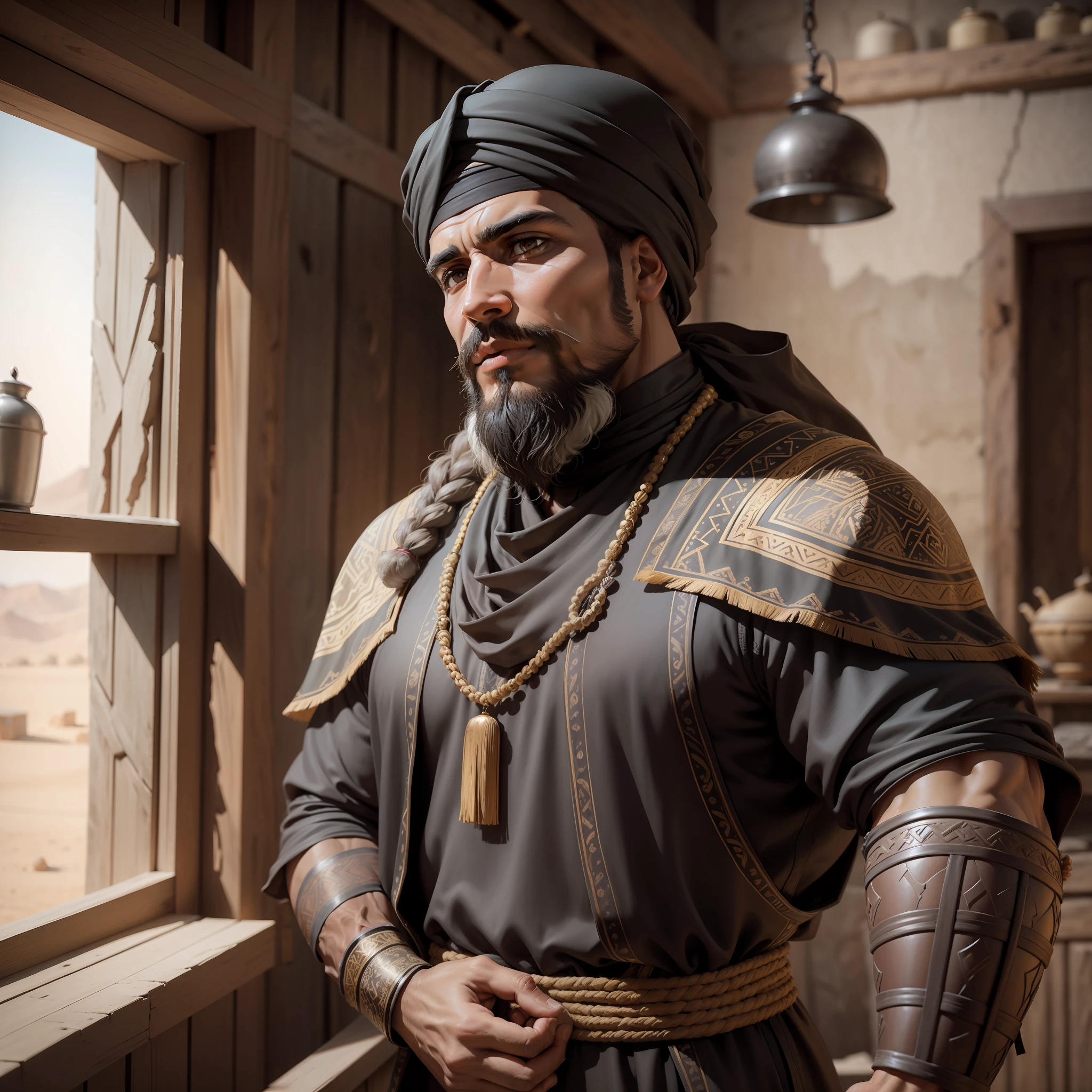 Realistic image of a mulatto man with Arab features, 40-something, bearded, strong, dressed in black cleric's clothes and with shoulder pads, wearing a black turban, looking out the window in a rustic room of a house in the desert