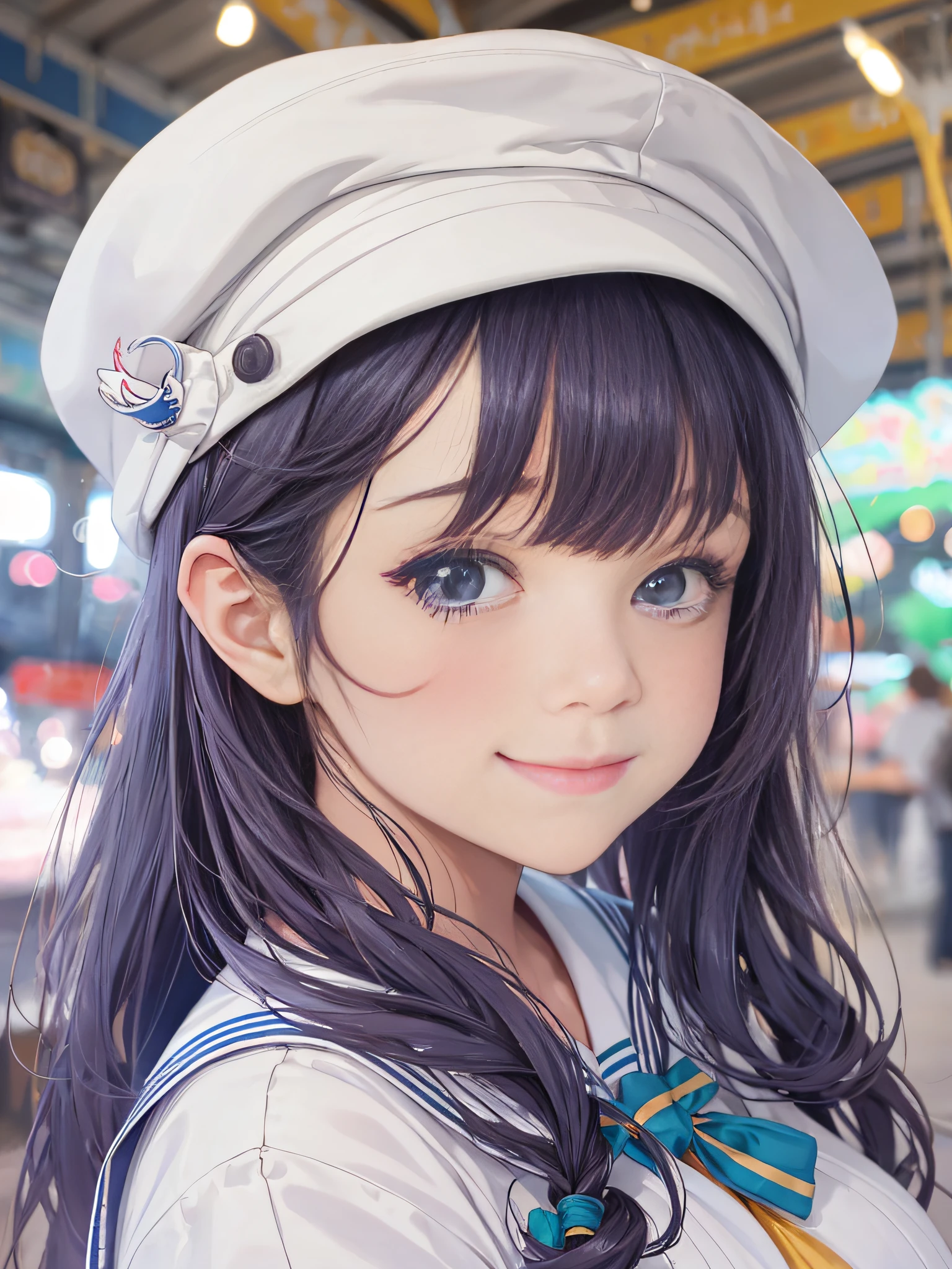Teenage girl, white sailor suit, (sailor color), amusement park, cute hairstyle, (huge breasts: 1.5), looking at sailor color up from the side, smiling, looking here