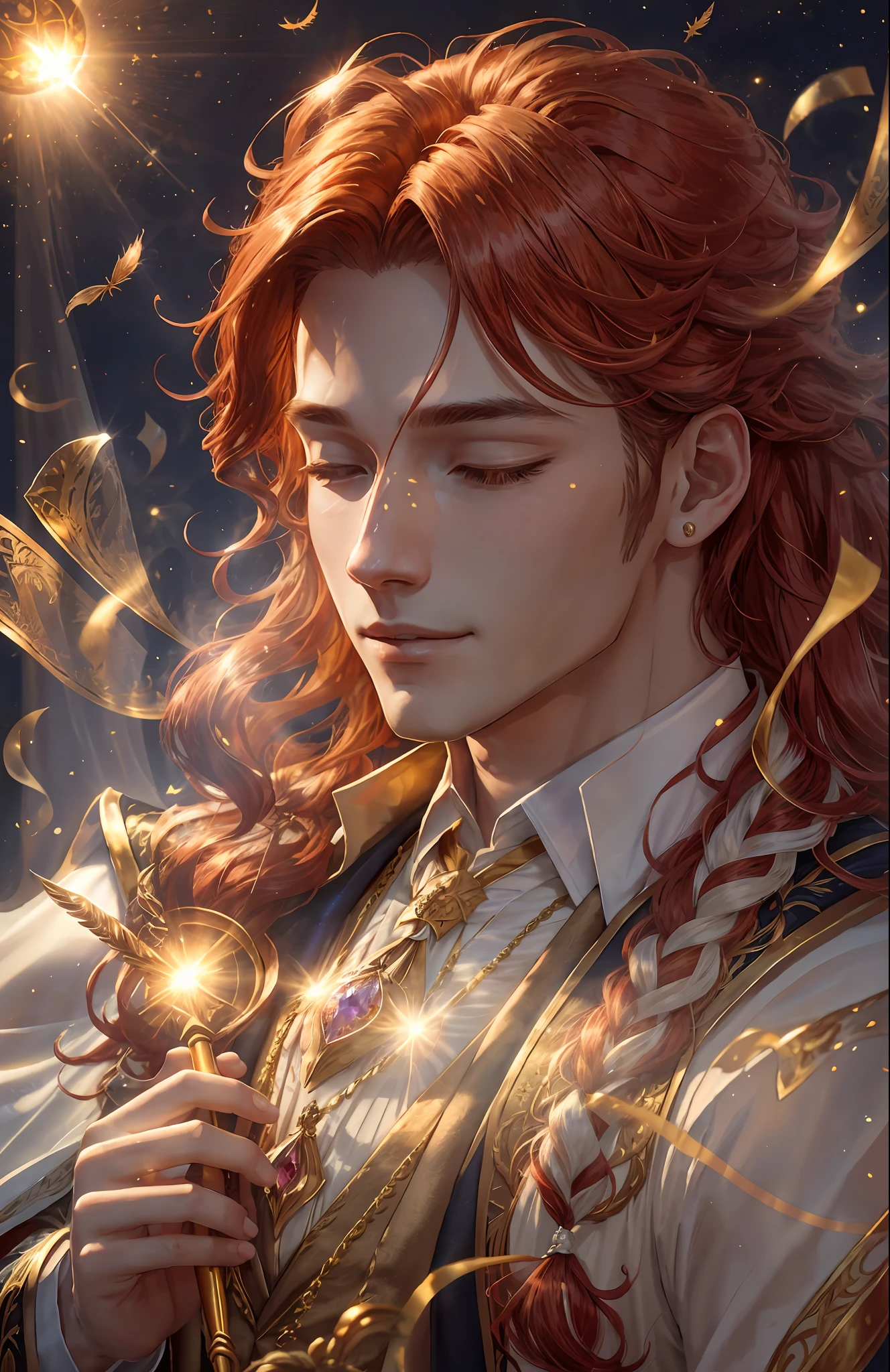 1 male. Host Club Details. Gold suit. Detail. A man in his 20s. Expensive clothes. Expensive watch. Red hair. Long hair. Smiling face. Sunlight. Sunlight. Night town. Magic. Light attributes. The magic of light. White smoke. Magic necklace. Magic wand. Cloak. Garden. Light magic using a wand. Wind. Feather hair ornament on the head. Sunshine. Sun. Point your wand at the viewer. Long hair below the shoulders. Redhair. Very long hair. Airborne particles. Crystal AI. Long. Longhair.