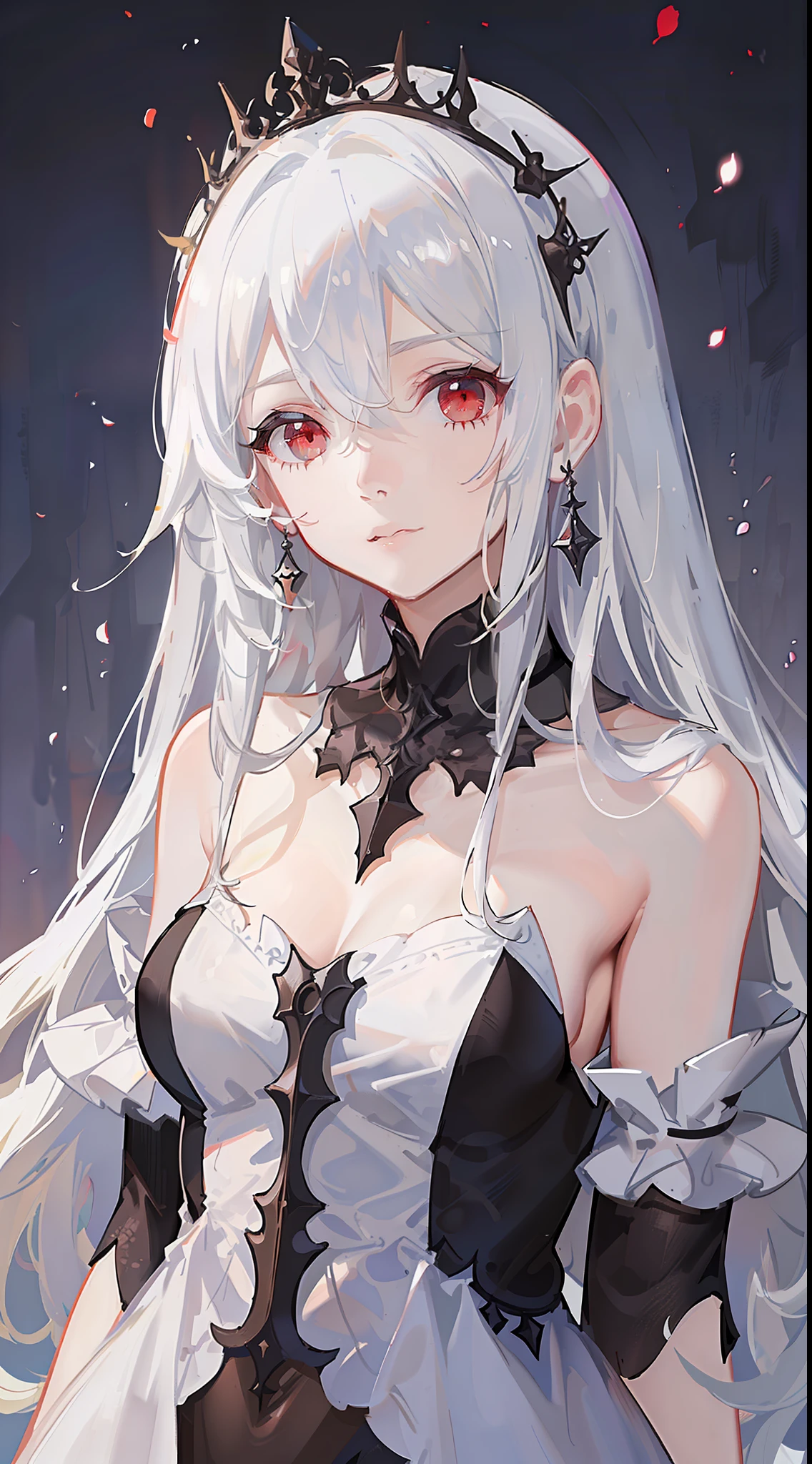 Young girl, long white hair, sloppy hair, red eyes, pale skin, white open dress, masterpiece, high quality