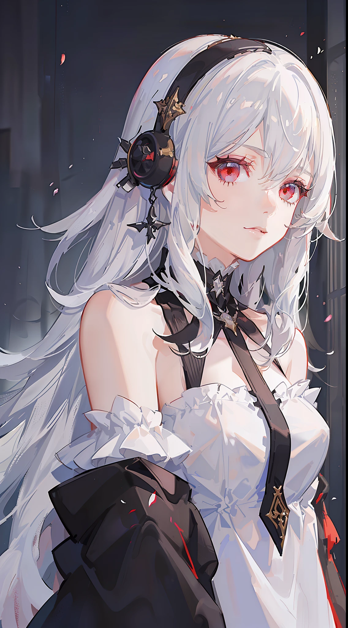 Young girl, long white hair, sloppy hair, red eyes, pale skin, white open dress, masterpiece, high quality