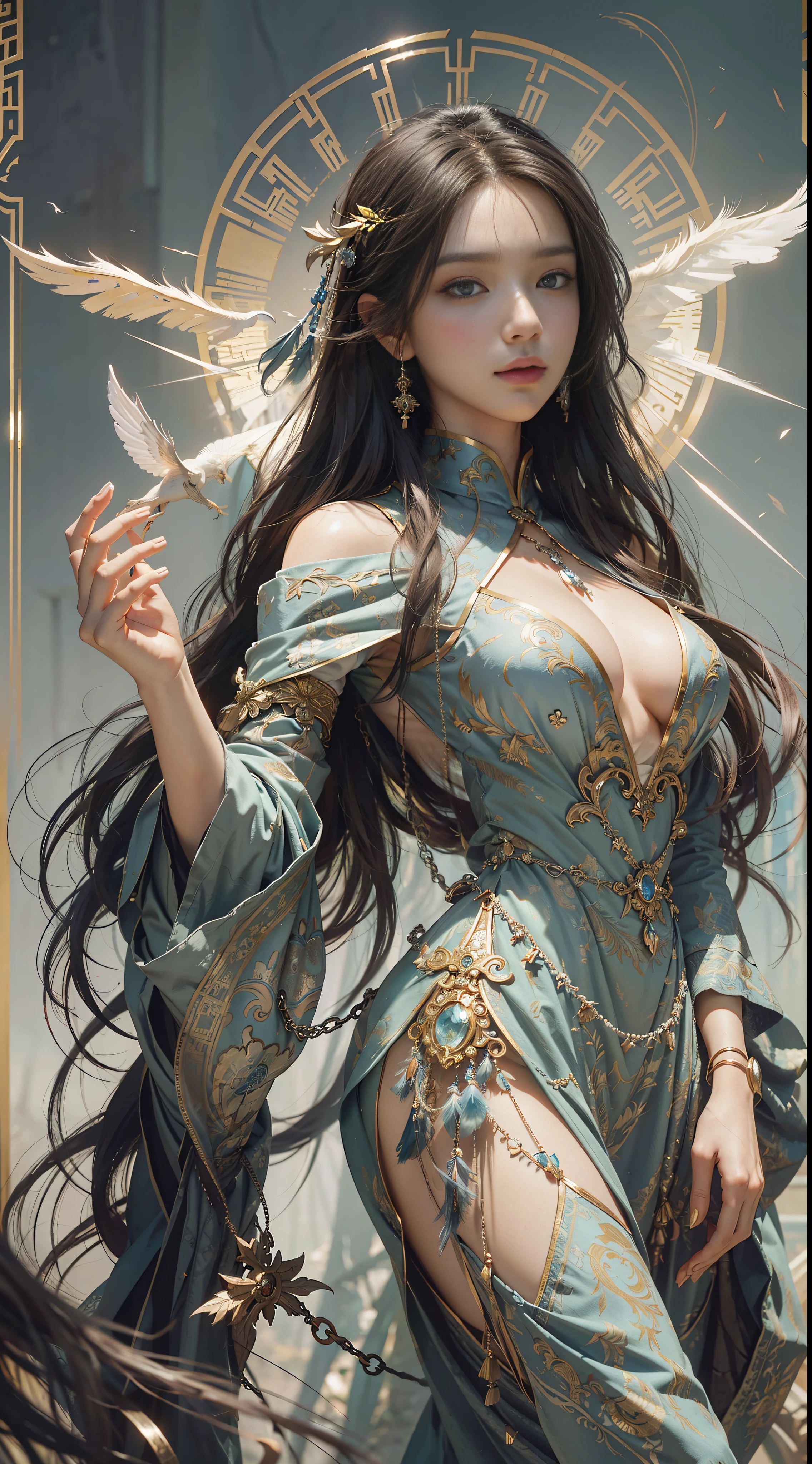 High quality, masterpiece, masterpiece, exquisite facial features, exquisite hair, exquisite eyes, exquisite color hair, 4K picture quality, gorgeous light and shadow, Tyndall effect, halo, messy hair, young state, gorgeous scene, exquisite clothes, chains, feathers, ancient chinese beauty with big eyes very detailed, digital painting, artstation, concept art, sharp focus, illustration, art by greg rutkowski and alphonse mucha and victo ngai