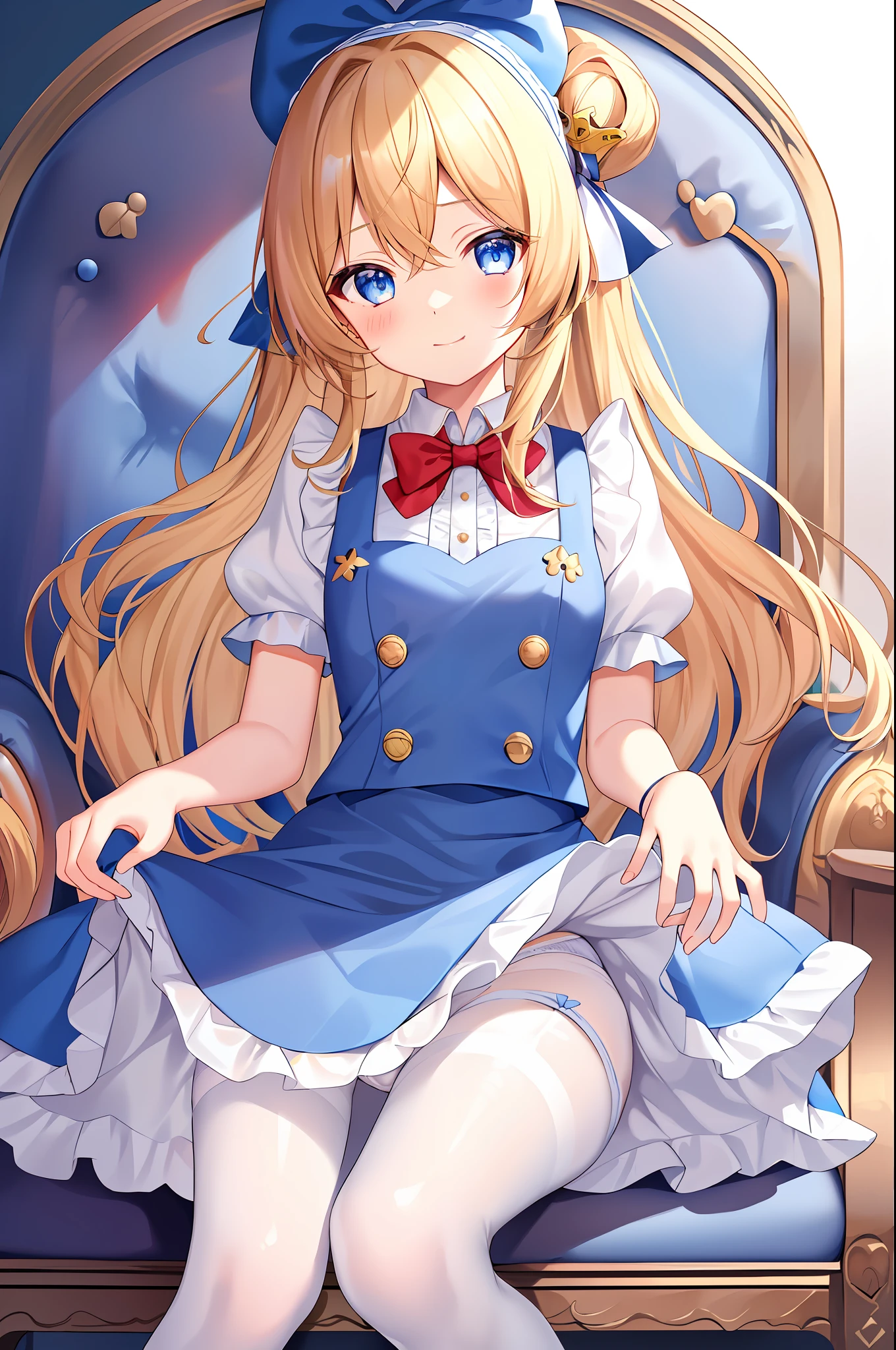 1girl, solo, long hair, blue eyes, blonde hair, crown, sitting, pantyhose, dress, bow, card, apron, hairband, playing card, looking at viewer, short sleeves, hair bow, blue hairband, smile, blush, hand on own face, blue dress, alice (alice in wonderland), hair between eyes, chair, black pantyhose, blue bow, throne, puffy sleeves, hand on own cheek, bangs, puffy short sleeves, ribbon, very long hair, mini crown, feet out of frame, frills, white apron, :q, (masterpiece, best quality), (((lift skirt, white panty, camel toe))),