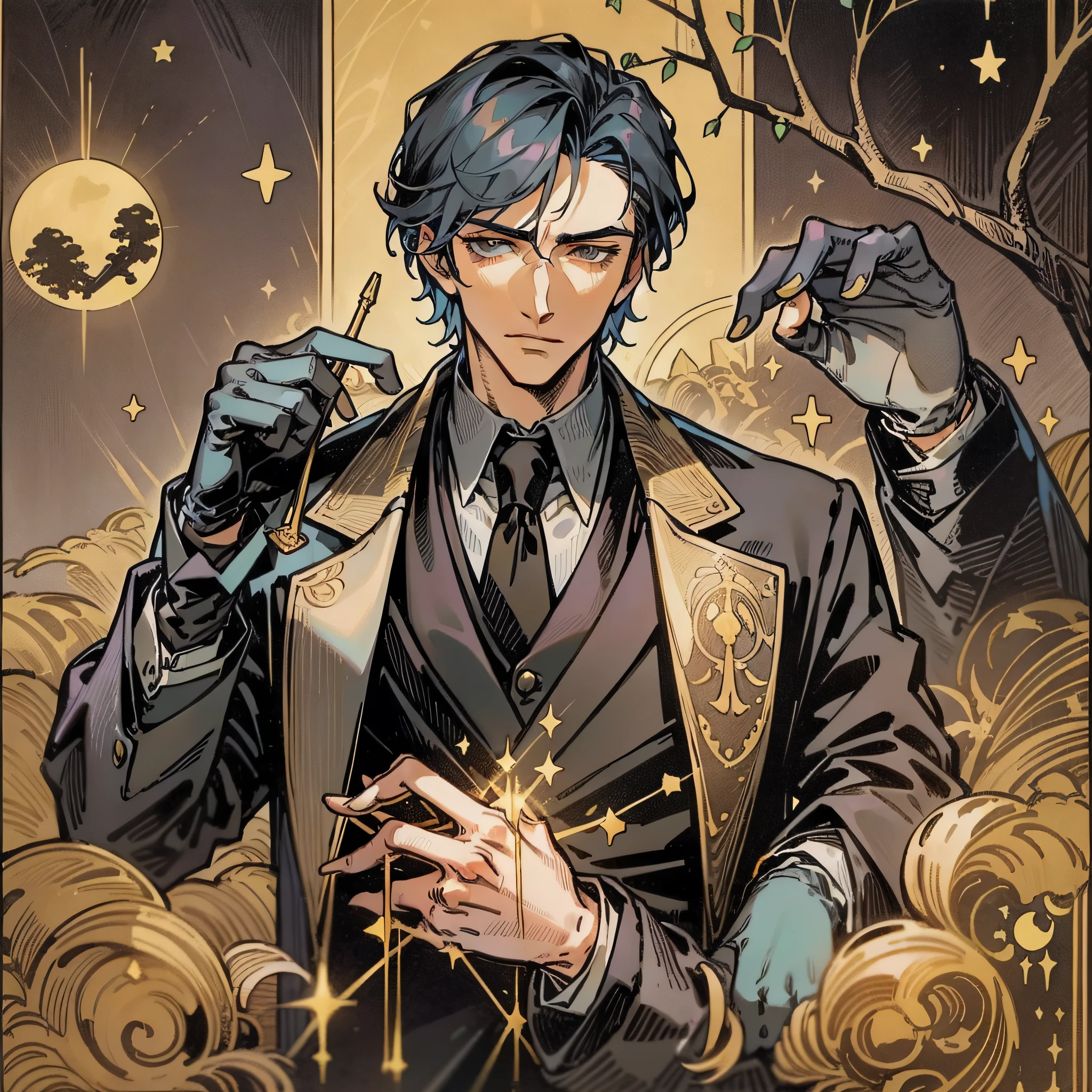 Tarot cards, handsome handsome guy of the melancholy department, he is the young godfather of the mafia, suit, black gloves! Golden apple tree, normal hand, five fingers, hand holding a pistol, bright and bright, starry moonlight