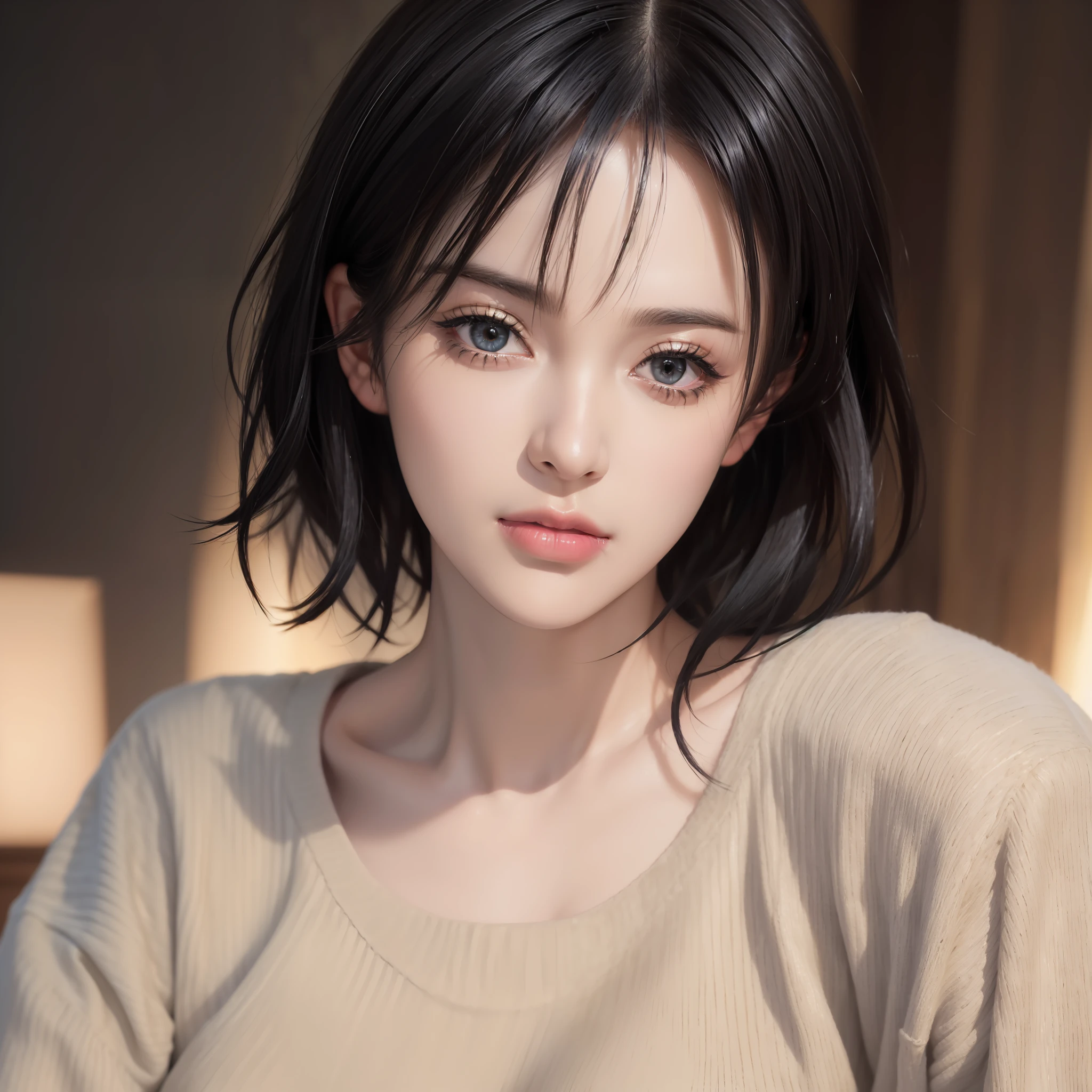 (masterpiece:1.3), (8k, photorealistic, RAW photo, best quality: 1.4), (1girl), beautiful face, (realistic face), (black hair, short hair:1.3), beautiful hairstyle, realistic eyes, beautiful detailed eyes, (realistic skin), beautiful skin, (sweater), absurdres, attractive, ultra high res, ultra realistic, highly detailed, golden ratio