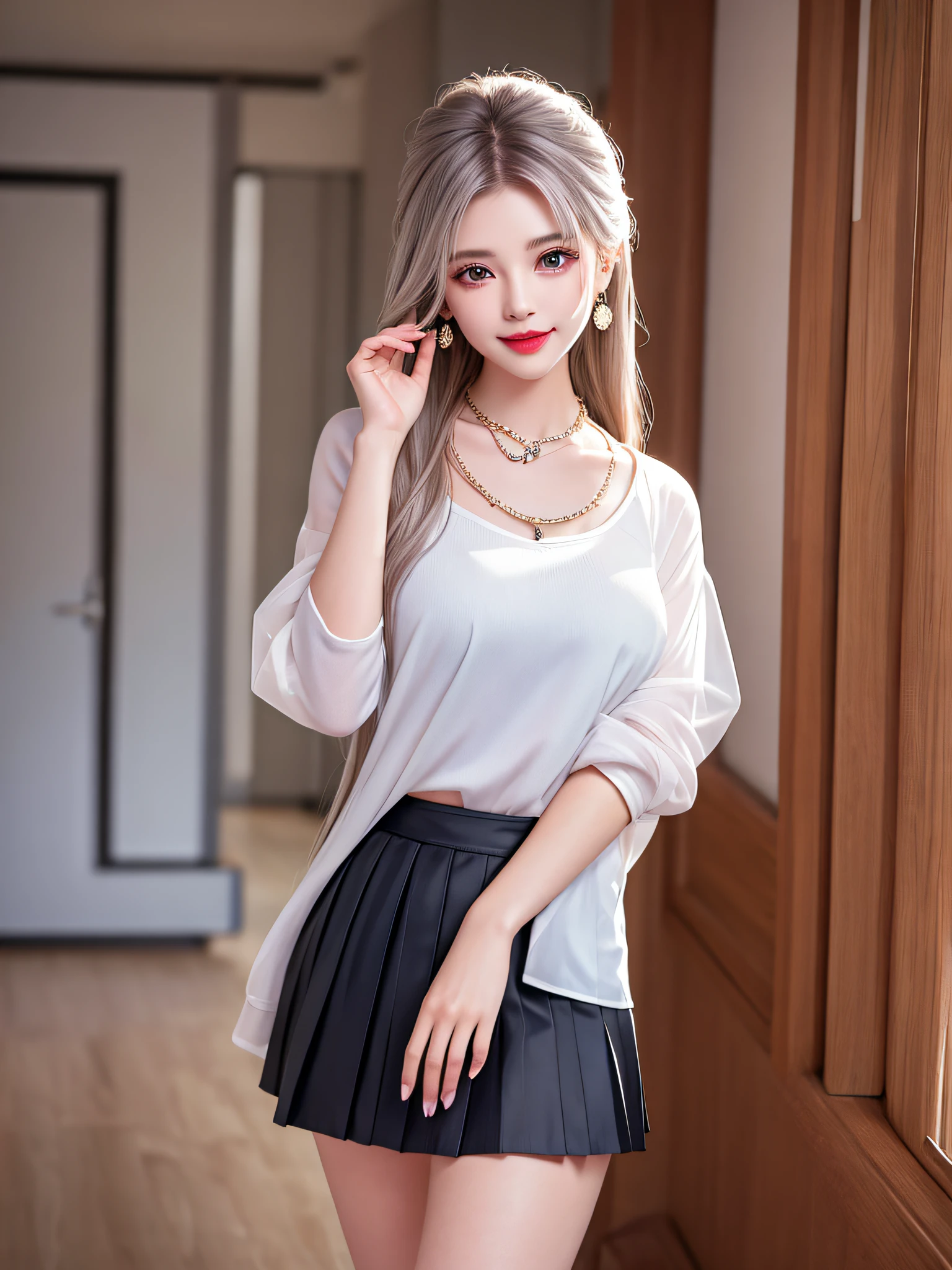 Female Teacher Standing in Classroom v6, Necklace (Thinking Held on the Wall), Earrings, Full Body V6, Long Gray Hair, Translucent Clothes, Visible, Superb, Ultra High Definition, RAW Photo, Realism 1.25), (Bright Lip Gloss, Long Eyelashes, Smooth) Face, Bright Skin, Natural Shadows, Wide Light, Wide Light, Depth of Field, Strong Color, Subtle Caustics: 0.8), Smile, (Big), V6) ( Skirt up)