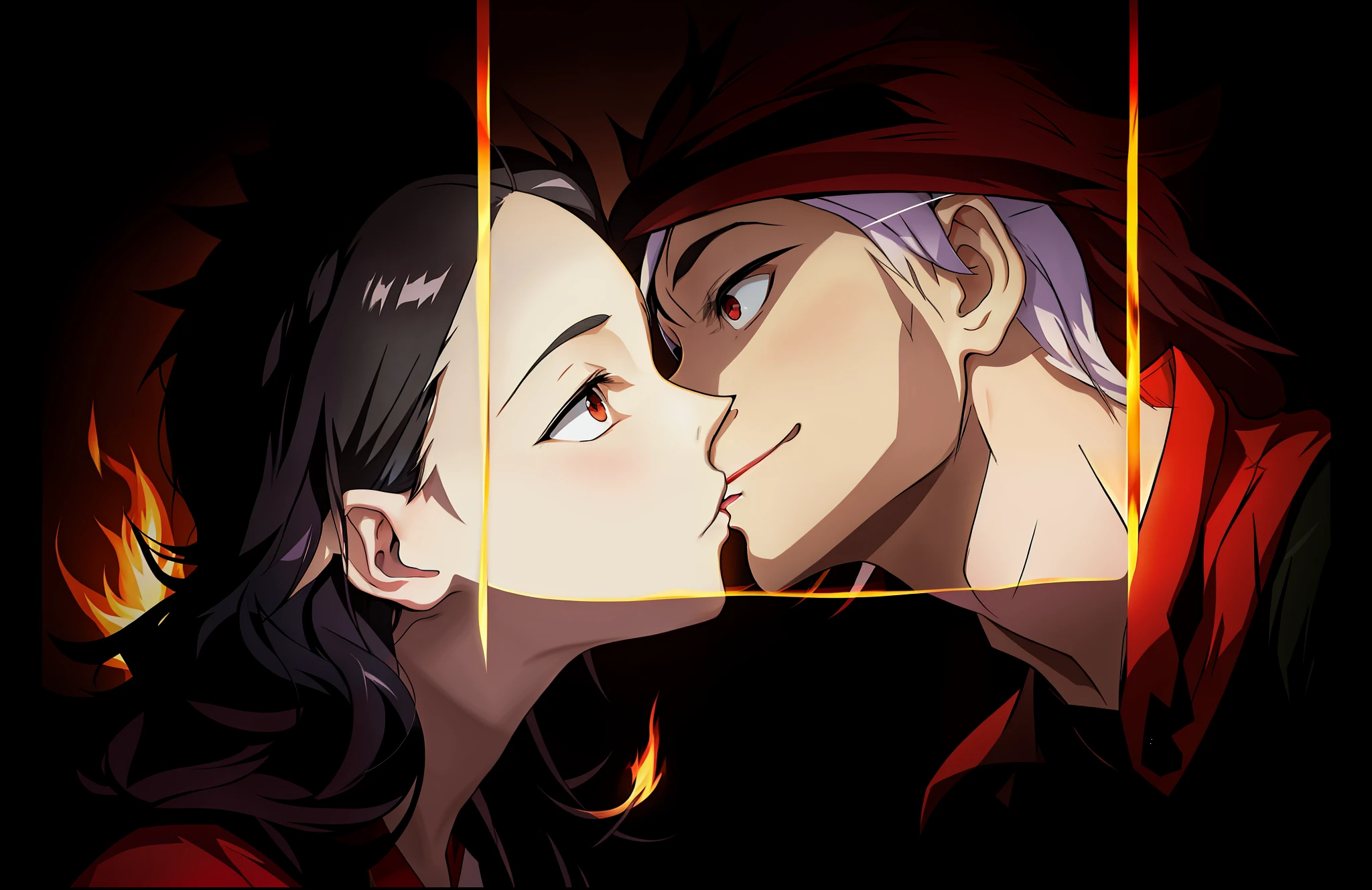 anime couple kissing in front of a mirror with fire in the background, persona 5 art style wlop, satoshi kon artstyle, high quality fanart, official fanart, zerochan art, official artwork, satoshi kon anime, from overlord, official art, 8k!!, by Kanbun Master, official illustration, kissing together cutely, demon slayer artstyle