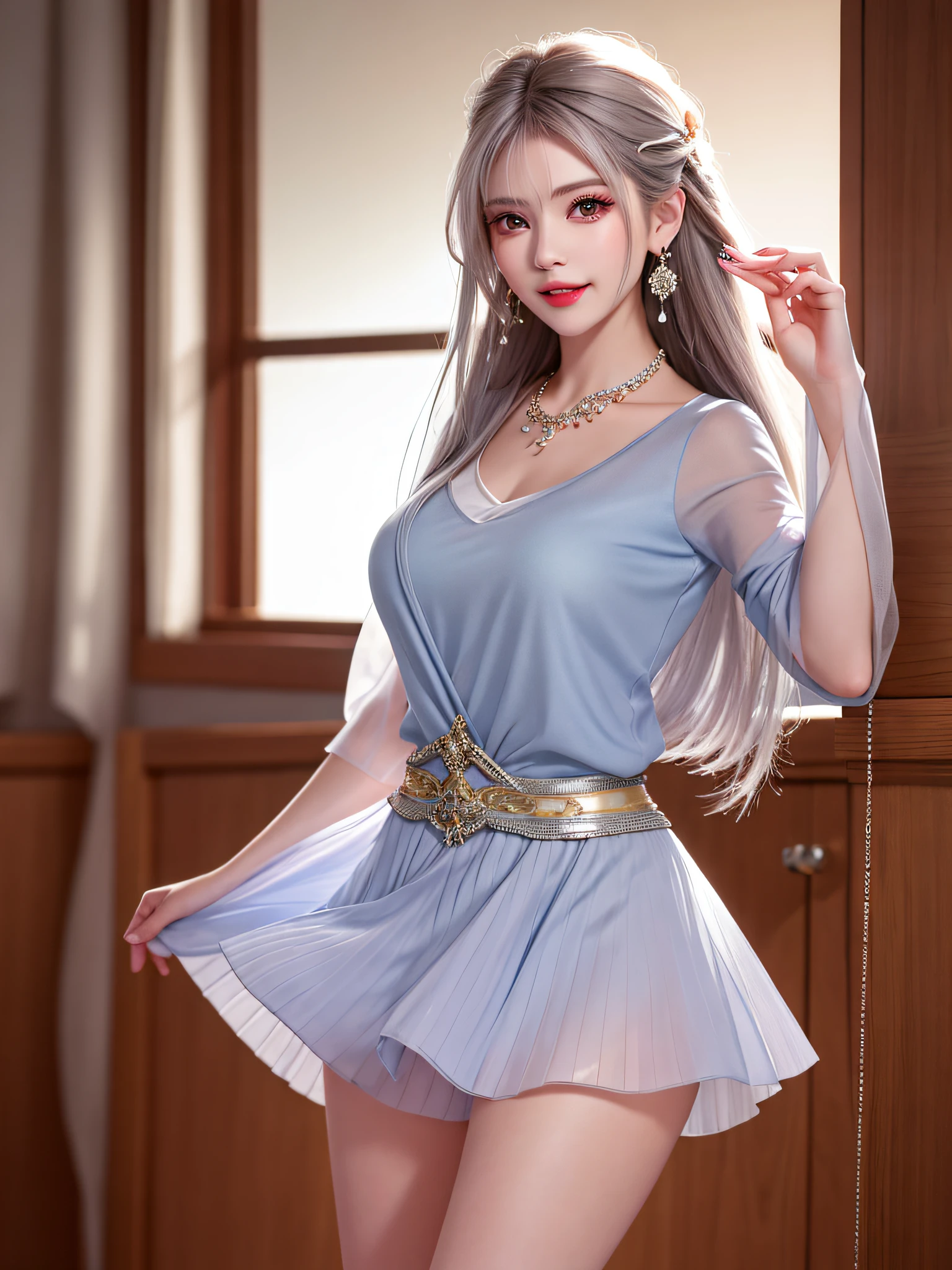 Female Teacher Standing in Classroom v6, Necklace (Thinking Held on the Wall), Earrings, Full Body V6, Long Gray Hair, Translucent Clothes, Visible, Superb, Ultra High Definition, RAW Photo, Realism 1.25), (Bright Lip Gloss, Long Eyelashes, Smooth) Face, Bright Skin, Natural Shadows, Wide Light, Wide Light, Depth of Field, Strong Color, Subtle Caustics: 0.8), Smile, (Big), V6) ( Skirt up)