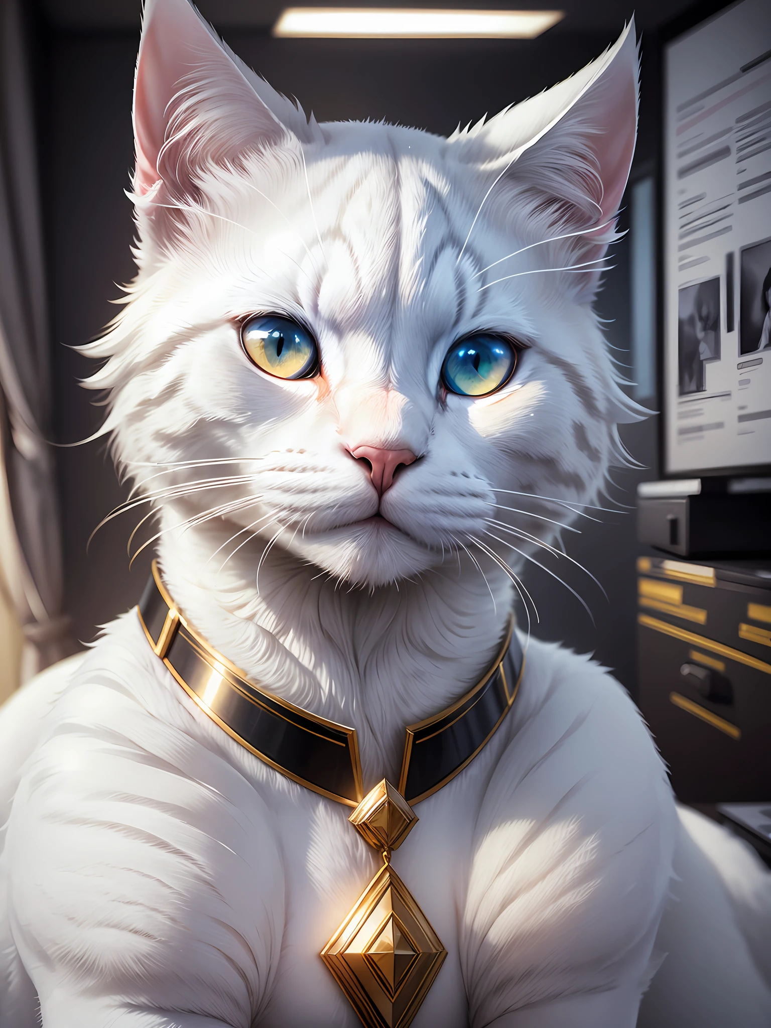 Portrait of a white cat, with human body, wearing an extravagant suit, good ilumination, in an office, realistic,8k --auto --s2