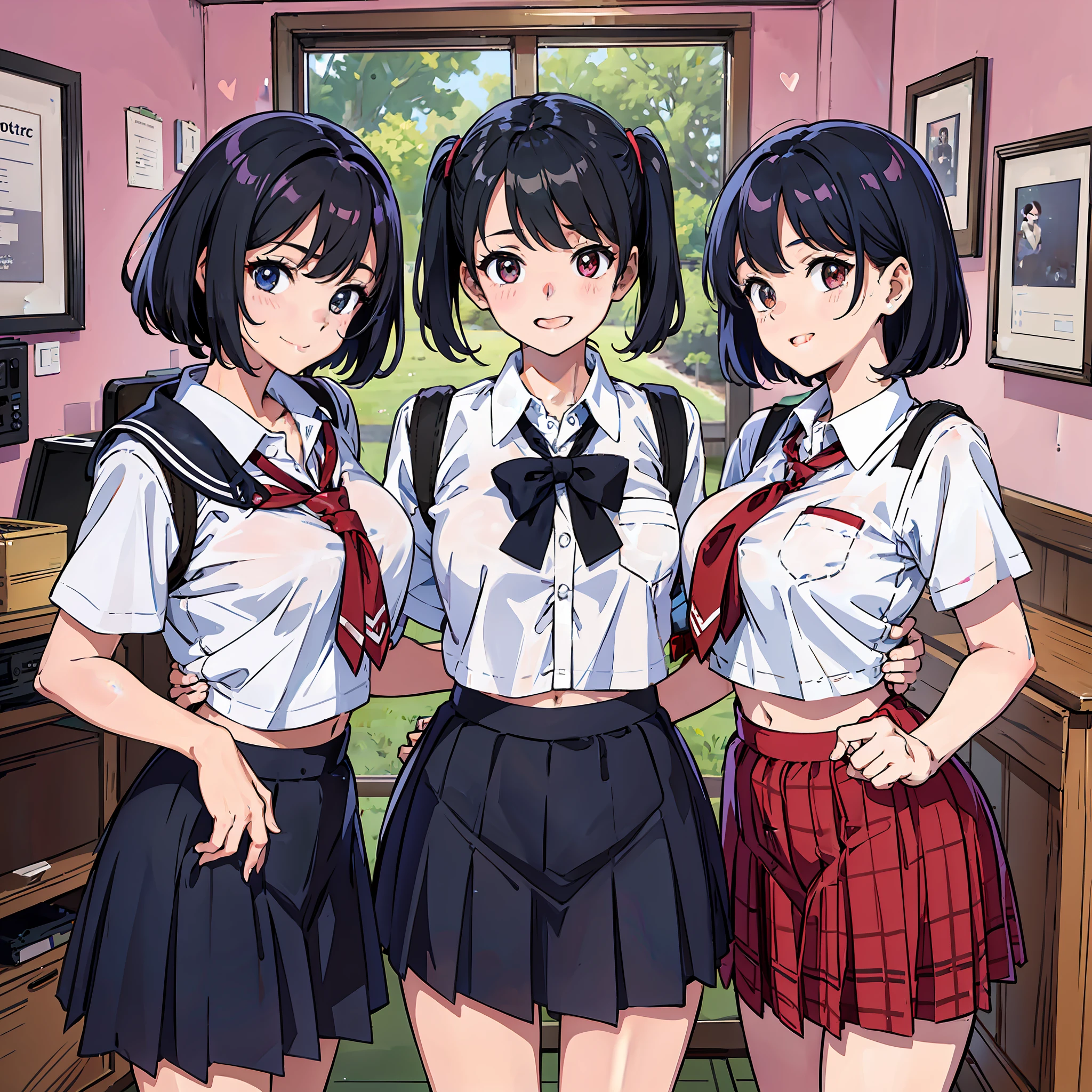 Little sister, cute bra, 8K, best quality, 16 years old, looking at camera, red cheeks, school uniform, embarrassed, delicate hands, at home, love brother, black hair, bob hair, show off breasts, take off clothes and show off breasts, chest sticking out pose, eyes heart mark, grinning, school uniform, high school student, take photo with friends
