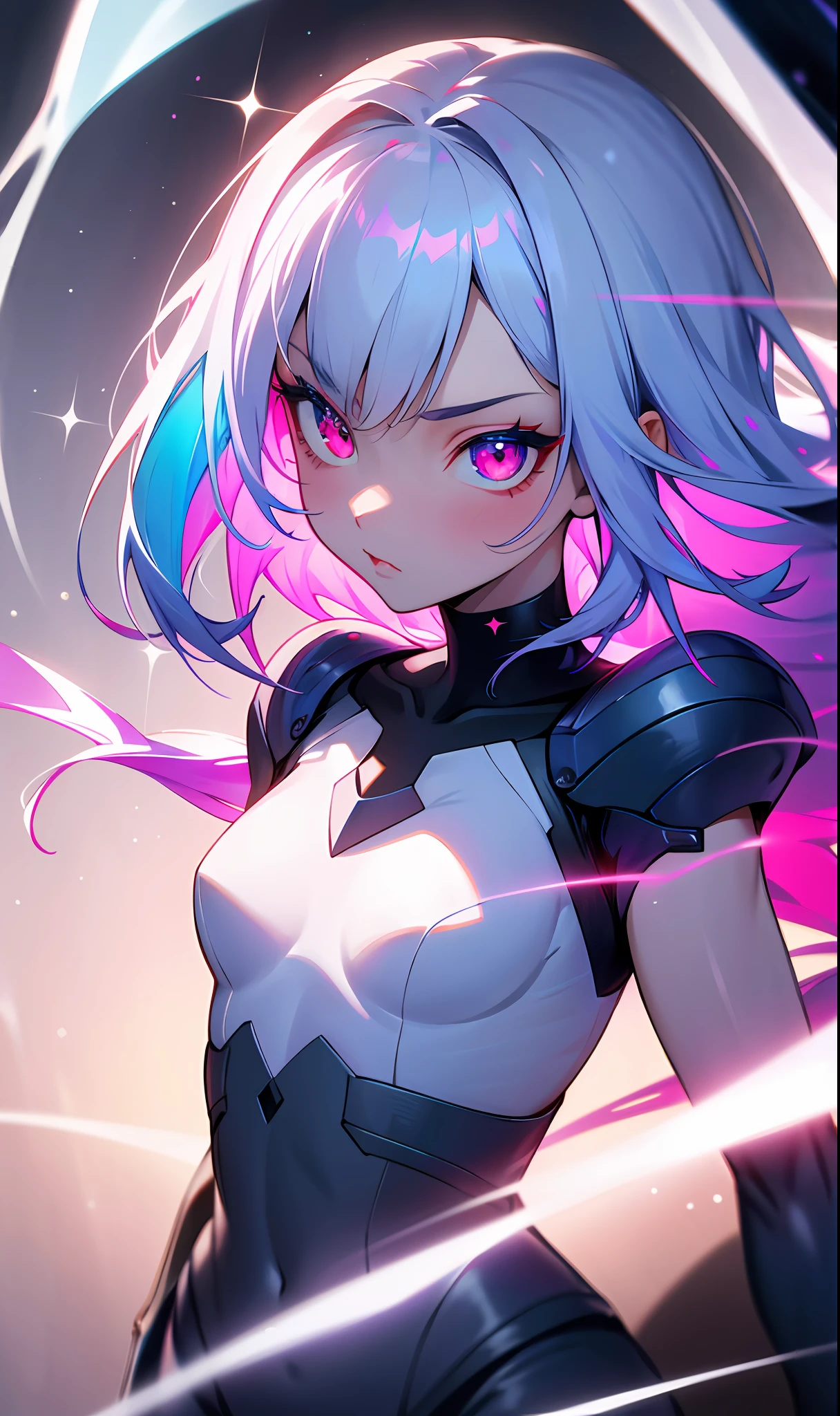 (Fine, sharp images, super resolution, extremely amazing detail, awesome detail), subsurface scattering, masterpiece, best quality, high quality, anatomically correct, textured skin, super detail, high detail, high quality, high quality, award-winning, best quality, high resolution, 1girl, solo, bust, straight vision, prism eye, prism hair, prism, serious, [silver|white] + (blue: -0.3) hair, blue + red eyes, gradient eyes, multicolored eyes, calm, small breasts, shirt, Glow, glowing eyes, glowing white particles, glitter, blooming, fantasy, cave