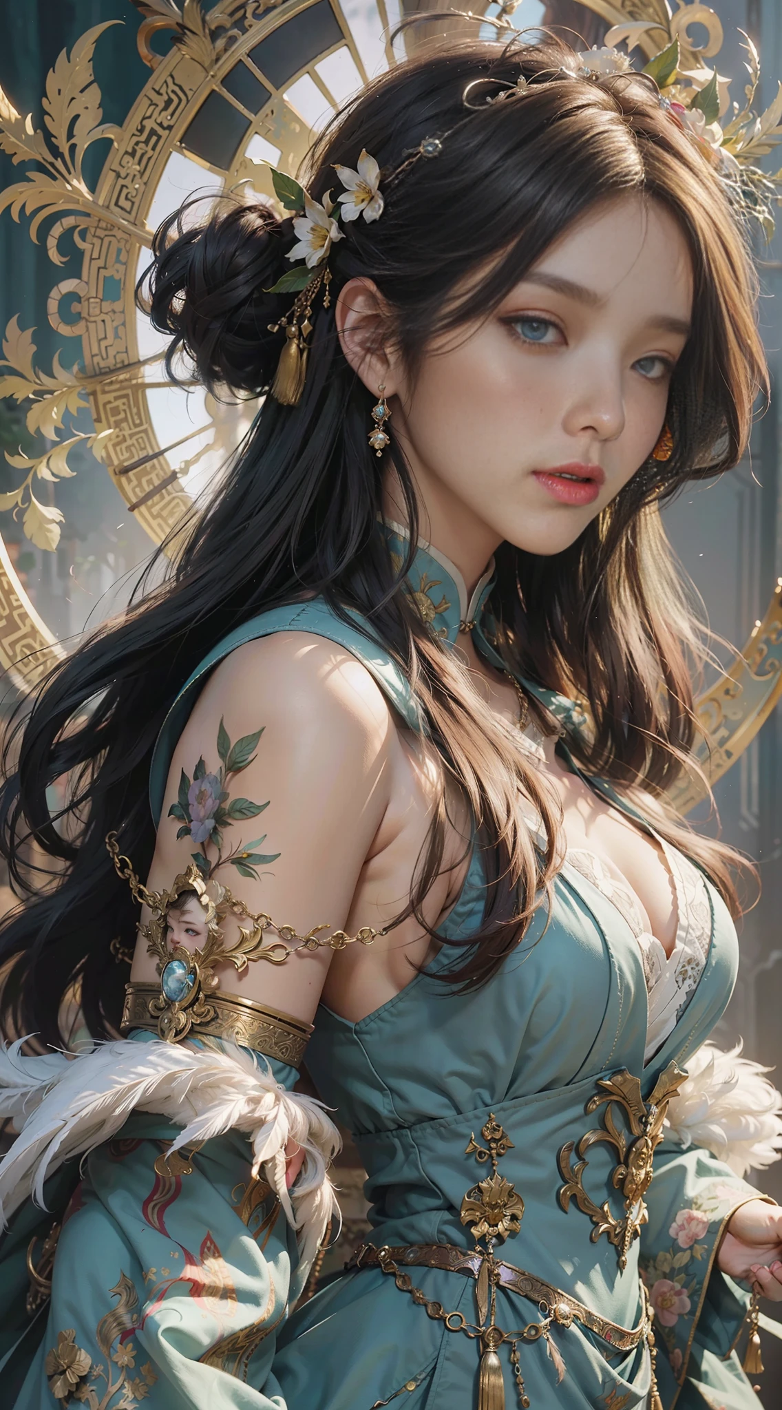 High quality, masterpiece, masterpiece, exquisite facial features, exquisite hair, exquisite eyes, exquisite color hair, 4K picture quality, gorgeous light and shadow, Tyndall effect, halo, messy hair, young state, gorgeous scene, exquisite clothes, chains, feathers, ancient chinese beauty with big eyes very detailed, digital painting, artstation, concept art, sharp focus, illustration, art by greg rutkowski and alphonse mucha and victo ngai